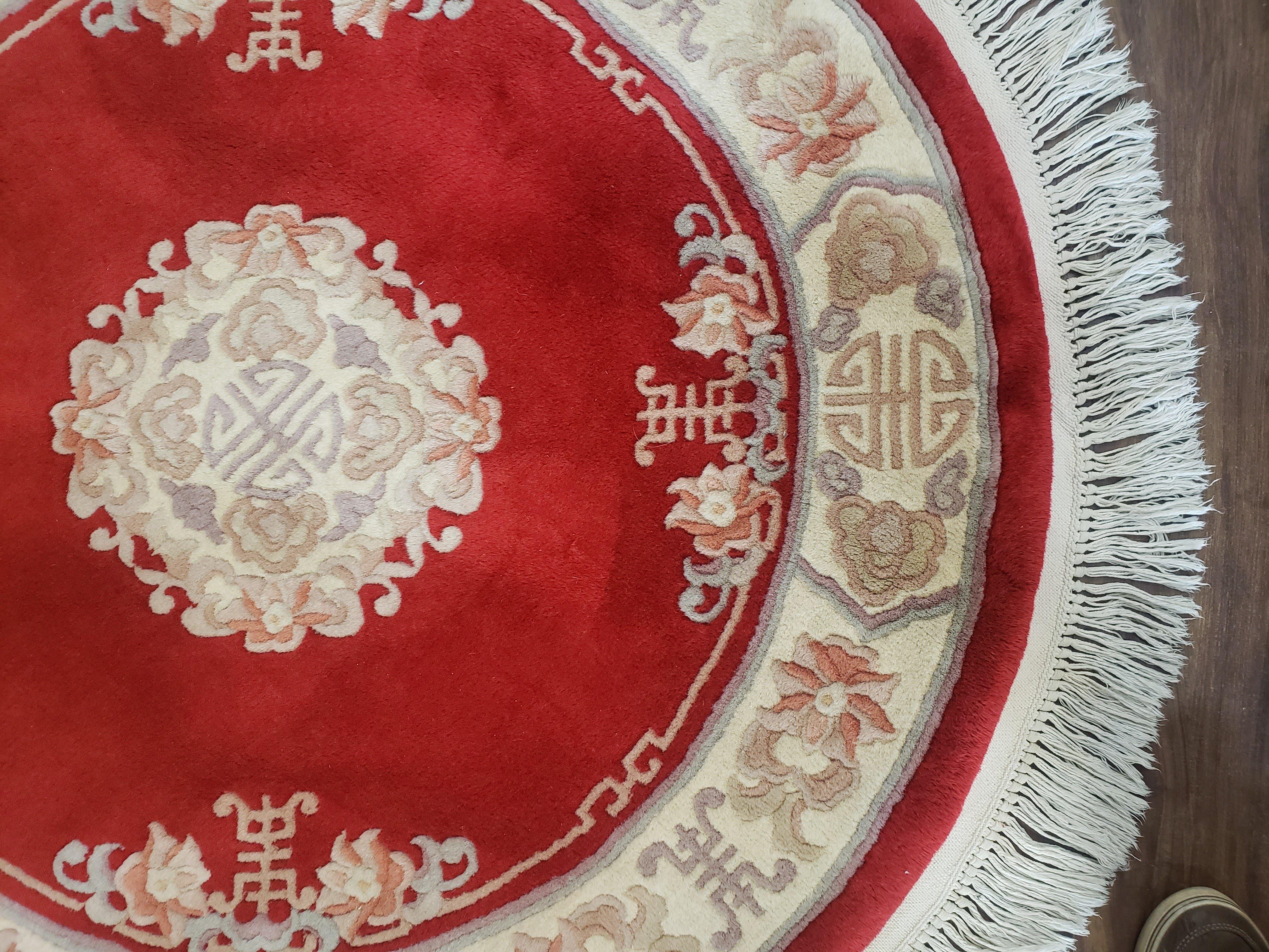 Round Chinese Carving Rug 3.9 x 3.9, Small 90 Line Chinese Circular Carpet, Art Deco Rug, Red and Beige, 4ft Round, Wool Rug Soft Handmade - Jewel Rugs