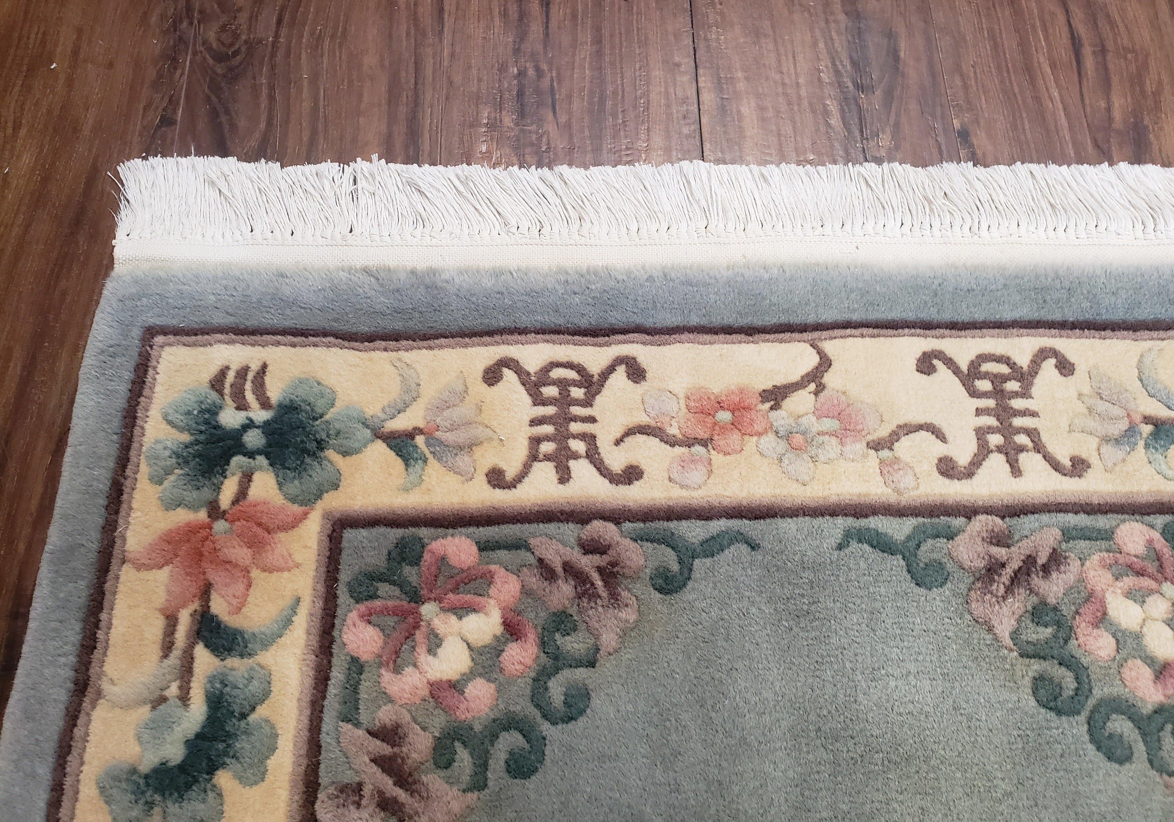 Small Chinese Carving 90 Line Rug 3x5, Gray/Silver and Cream, Classical Asian Design, Vintage Art Deco Rug, 1960s, Wool Soft Plush, Handmade - Jewel Rugs