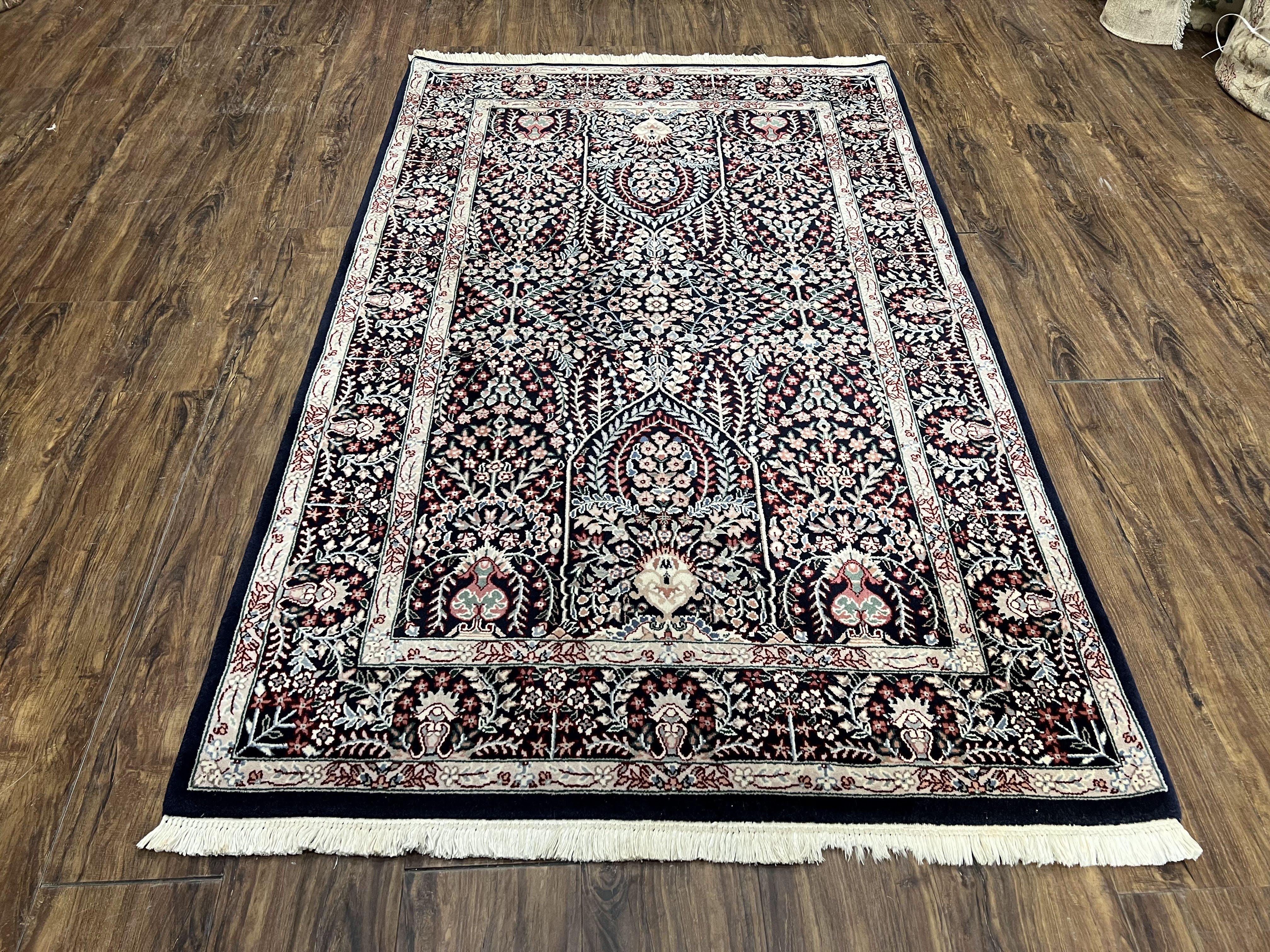 Fine Indo Kirman Persian Rug 3'9" x 6', Floral Allover Millefleurs, Persian Vase Rug Vintage Oriental Carpet Wool Handmade Black Indian Rug - Jewel Rugs