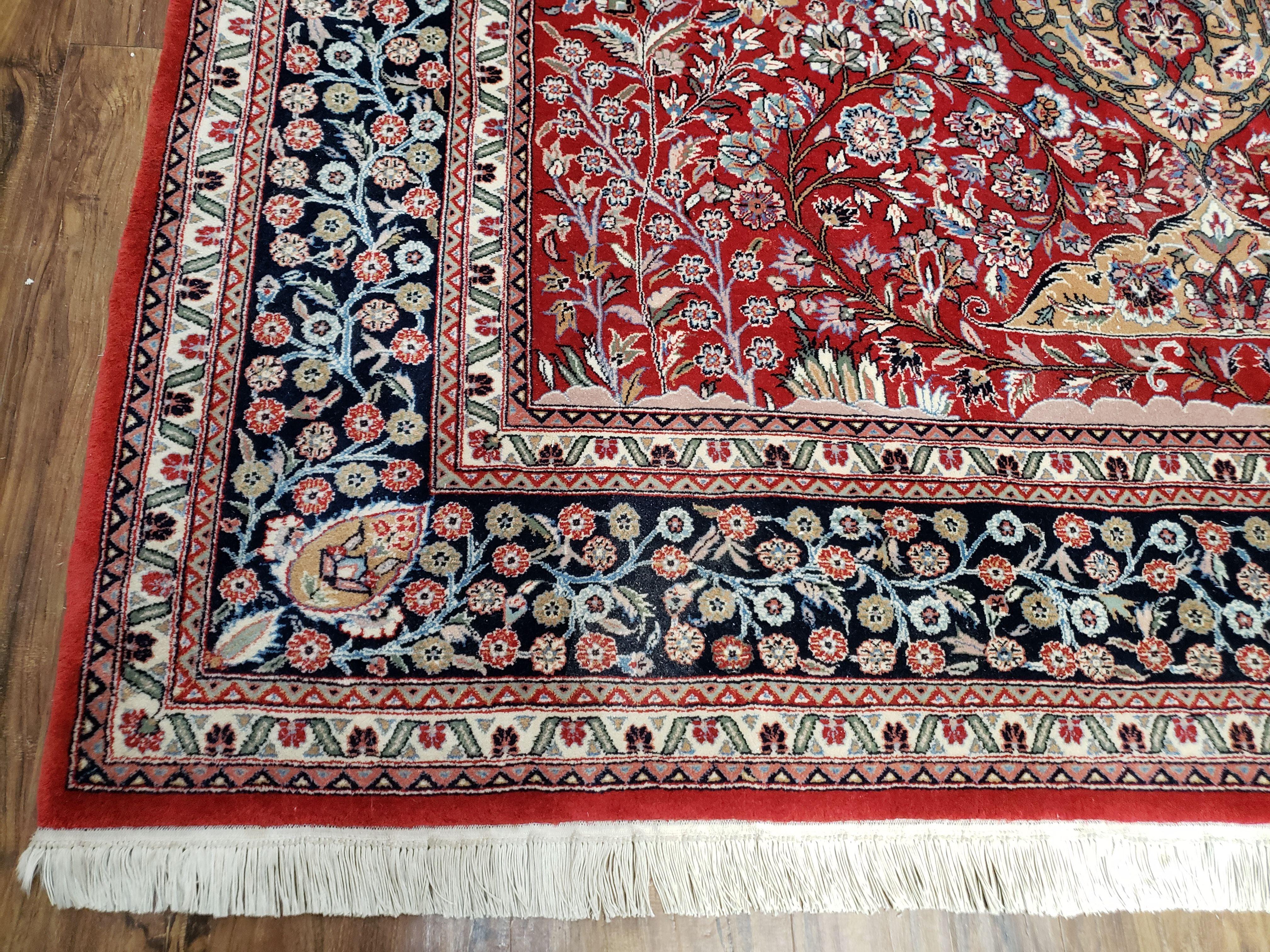 Vintage Persian Oriental Rug, Very Fine Hand-Knotted Vases and Flowers Carpet, Hand-Knotted, Wool, Red & Dark Blue, Teal, Writing, 6x9 Rug - Jewel Rugs