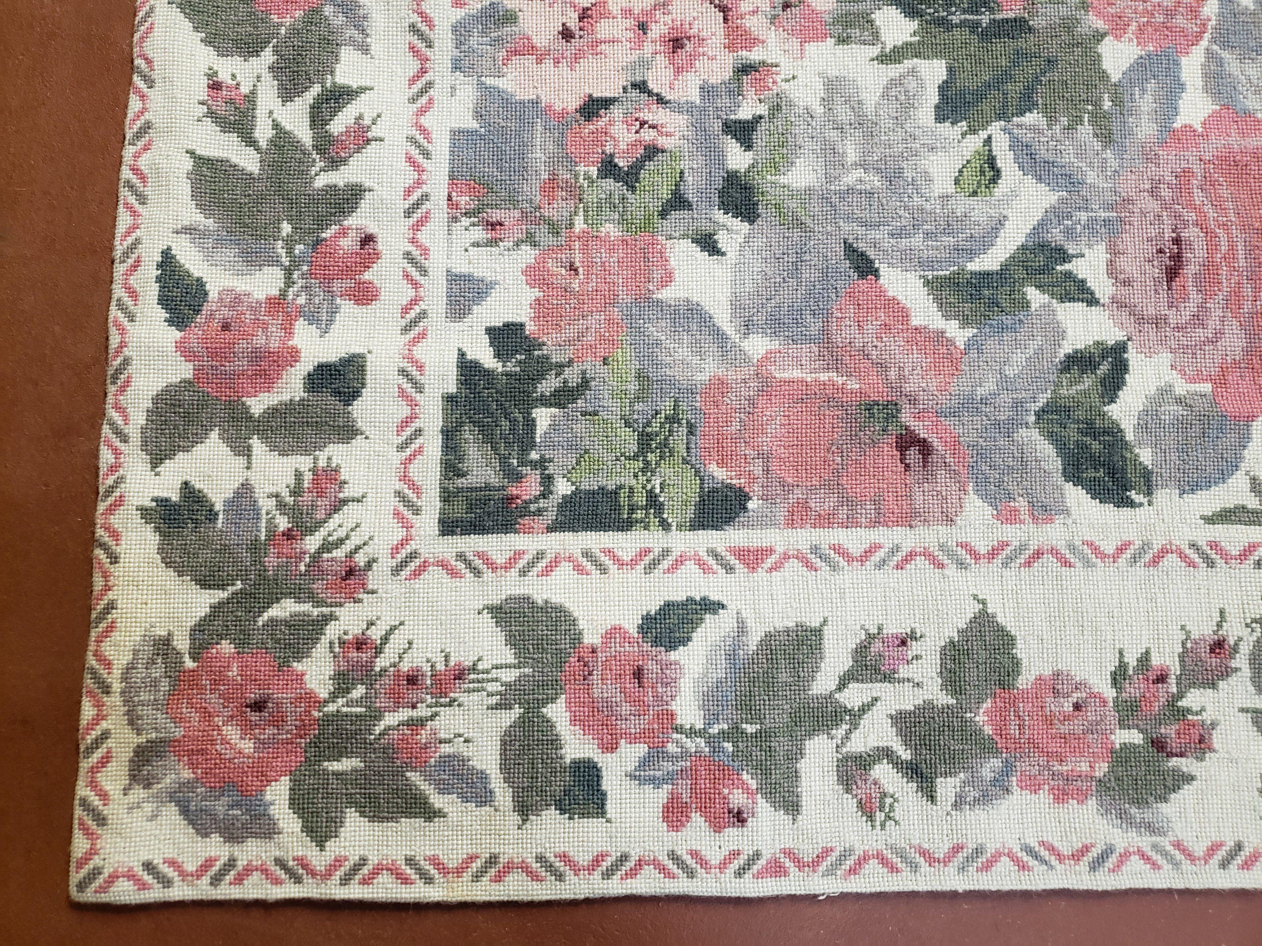 5x8 Needlepoint Rug 5' 4" x 8' 3" Wool Flat Weave Floral New Unused Carpet English Design Ivory Large Pink Flowers Green Leaves Hand-Knotted - Jewel Rugs