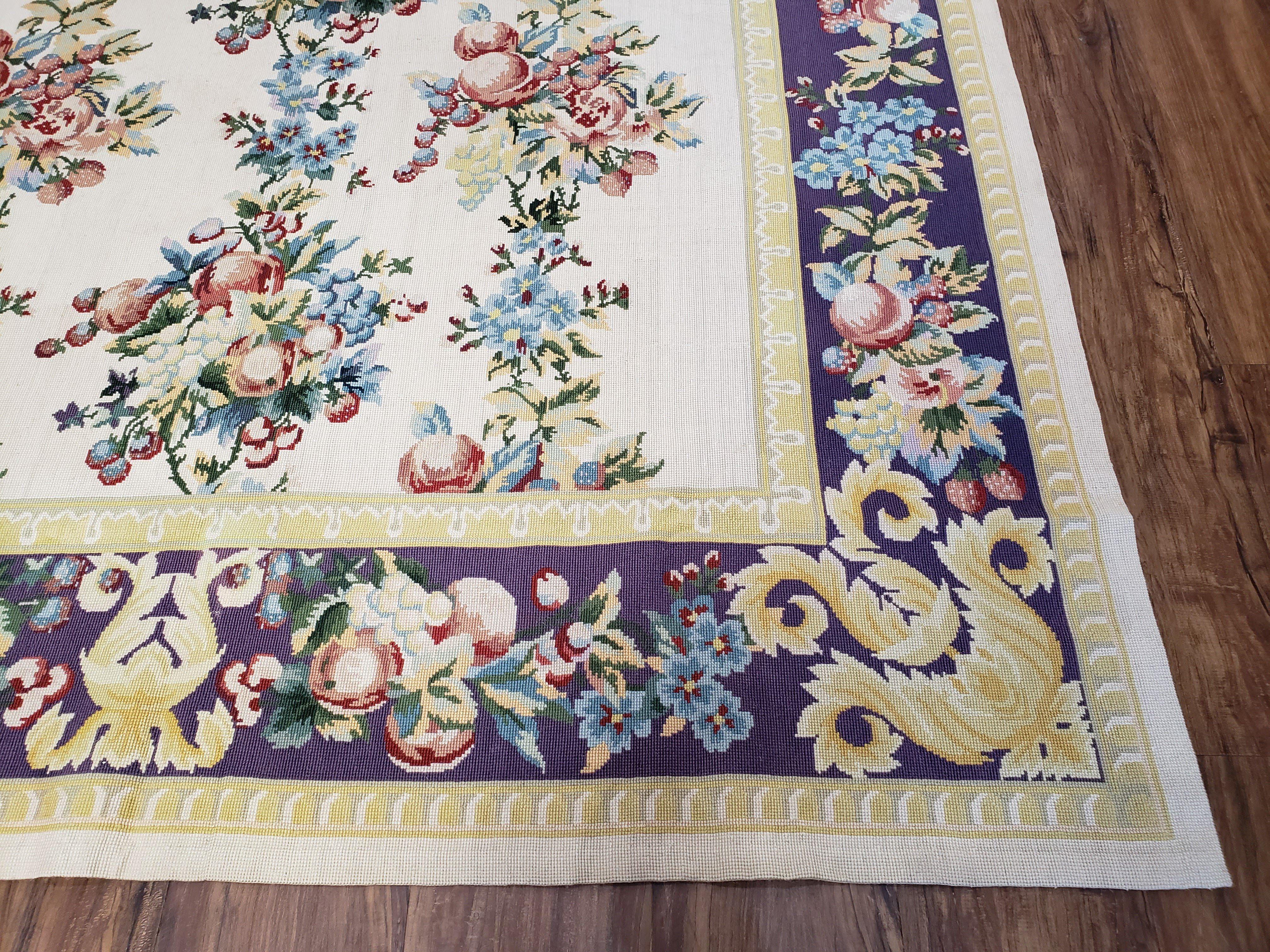 Vintage Chinese Floral Needlepoint Area Rug 6x9, Wool Hand-Woven Handmade Flatweave Rug, Ivory & Purple, Fruits Grapes Apples, Dining Room - Jewel Rugs