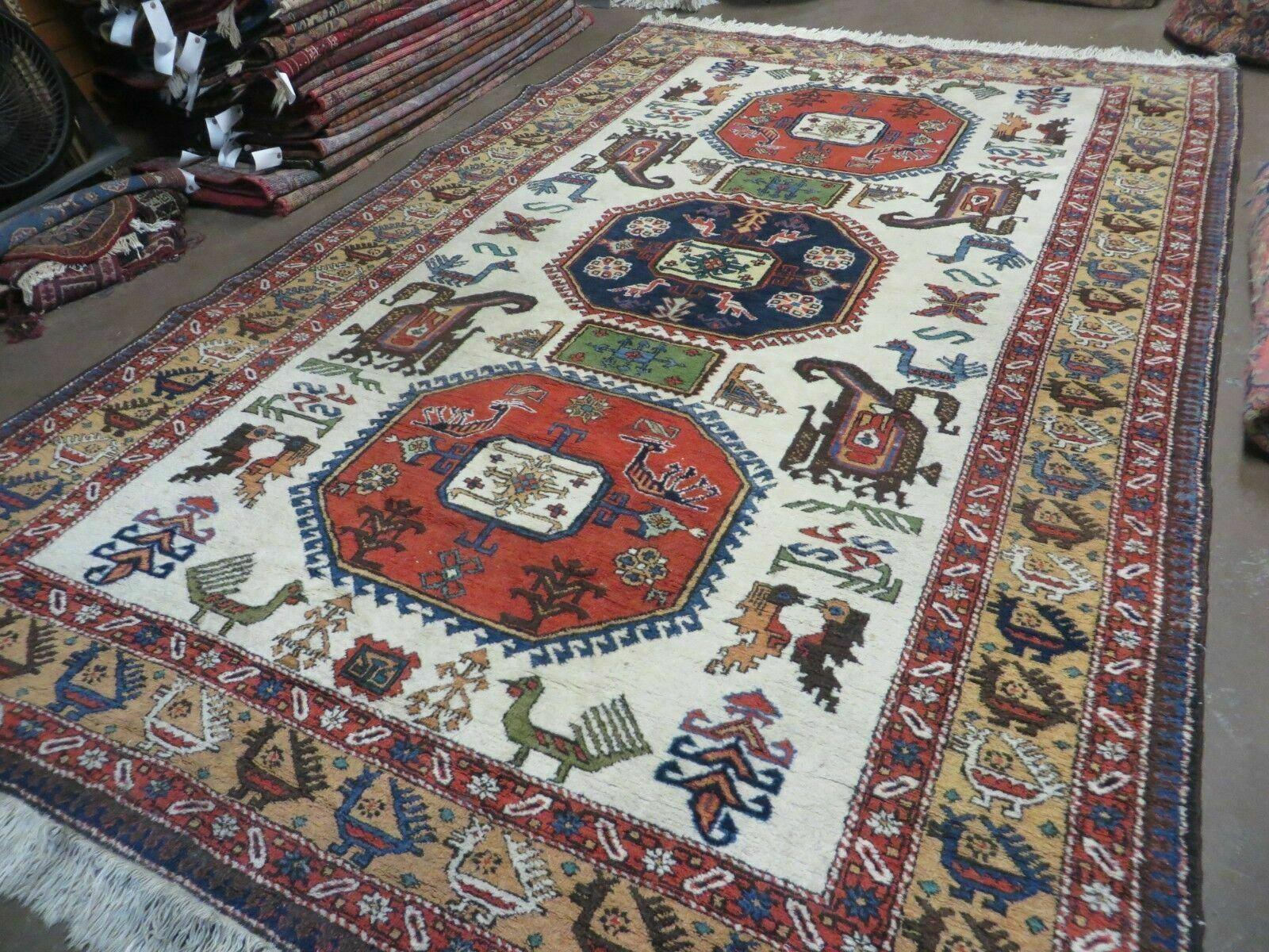 7' X 10' Vintage Handmade Knotted Turkish Wool Rug Birds Animal Ivory Organic - Jewel Rugs