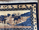 Antique Chinese Pictorial Rug 2.7 x 5, Chinese Village and Hills Carpet, Beige and Dark Blue, Handmade, Horizontal Rug Wall Hanging Tapestry - Jewel Rugs