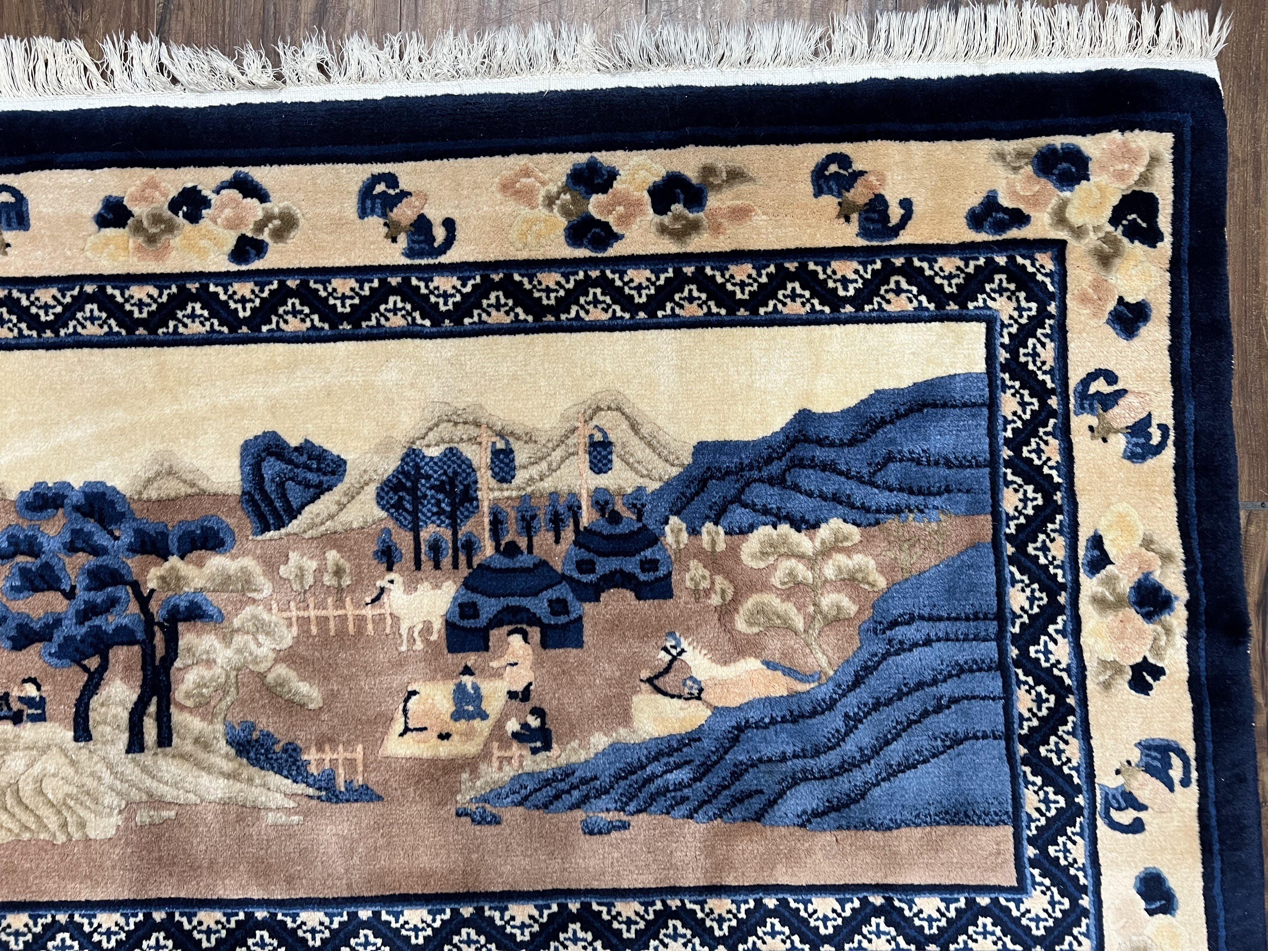 Antique Chinese Pictorial Rug 2.7 x 5, Chinese Village and Hills Carpet, Beige and Dark Blue, Handmade, Horizontal Rug Wall Hanging Tapestry - Jewel Rugs