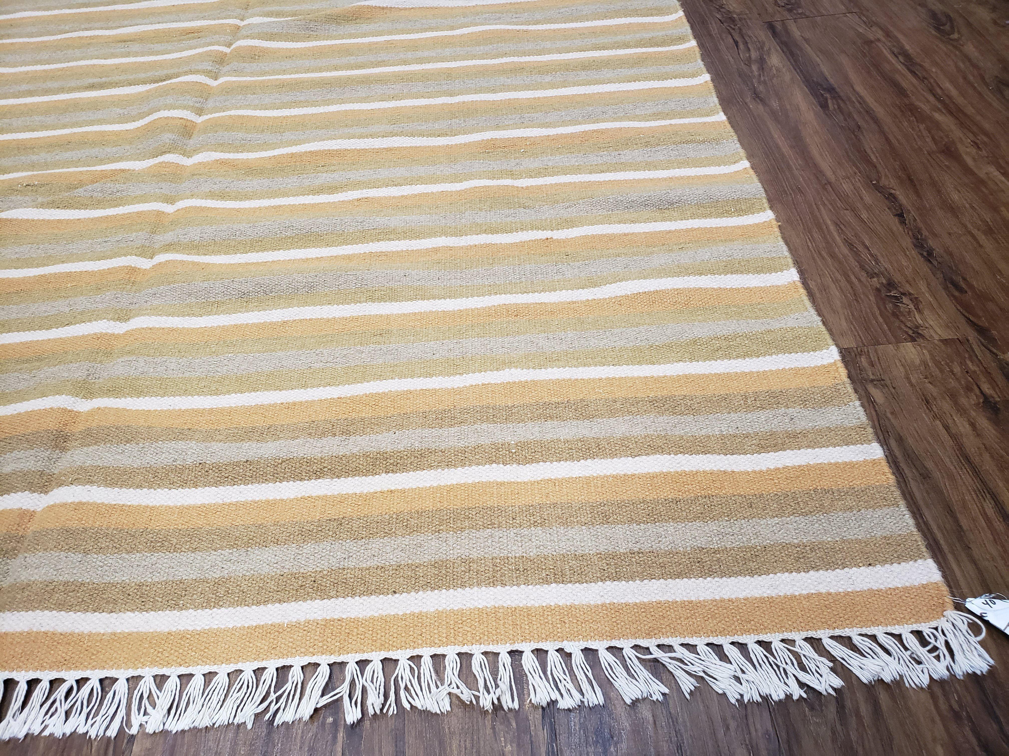 New Indian Kilim Area Rug, 6x8 - 7x8 South American Style Blanket, Striped Indian Wool Hand-Woven Flat Weave 6x9 Bedroom Rug, Ivory Ochre - Jewel Rugs