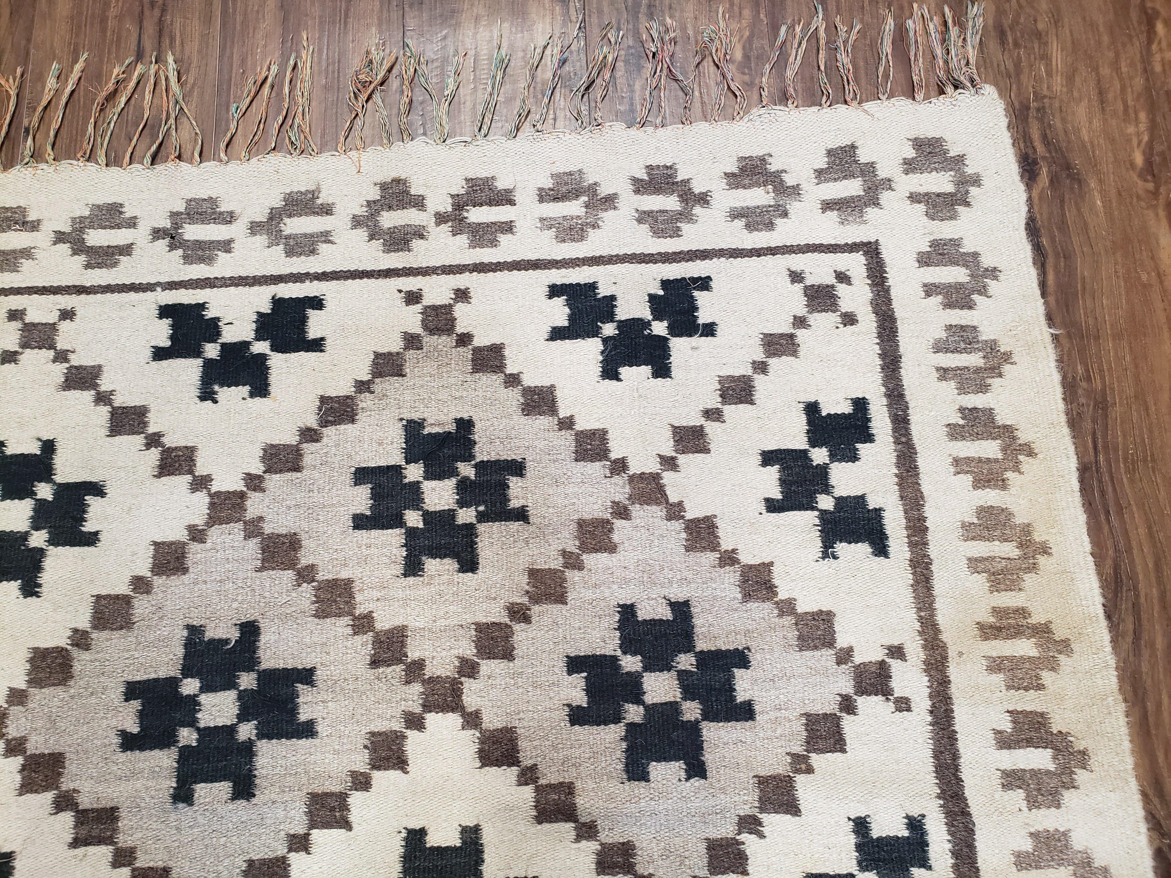 Semi Antique South American Blanket 4x8, Wool Hand-Woven Flatweave Kilim Rug, Handmade Antique Vintage Runner, Ivory & Blue, Diamond Panel - Jewel Rugs