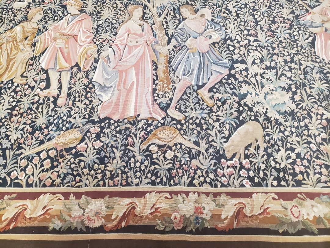 Vintage European Tapestry 5.4 x 7.11, Antique Style European Wall Hanging, Aubusson Weave Handmade Tapestry, Courtship Dating Scene, Animals - Jewel Rugs