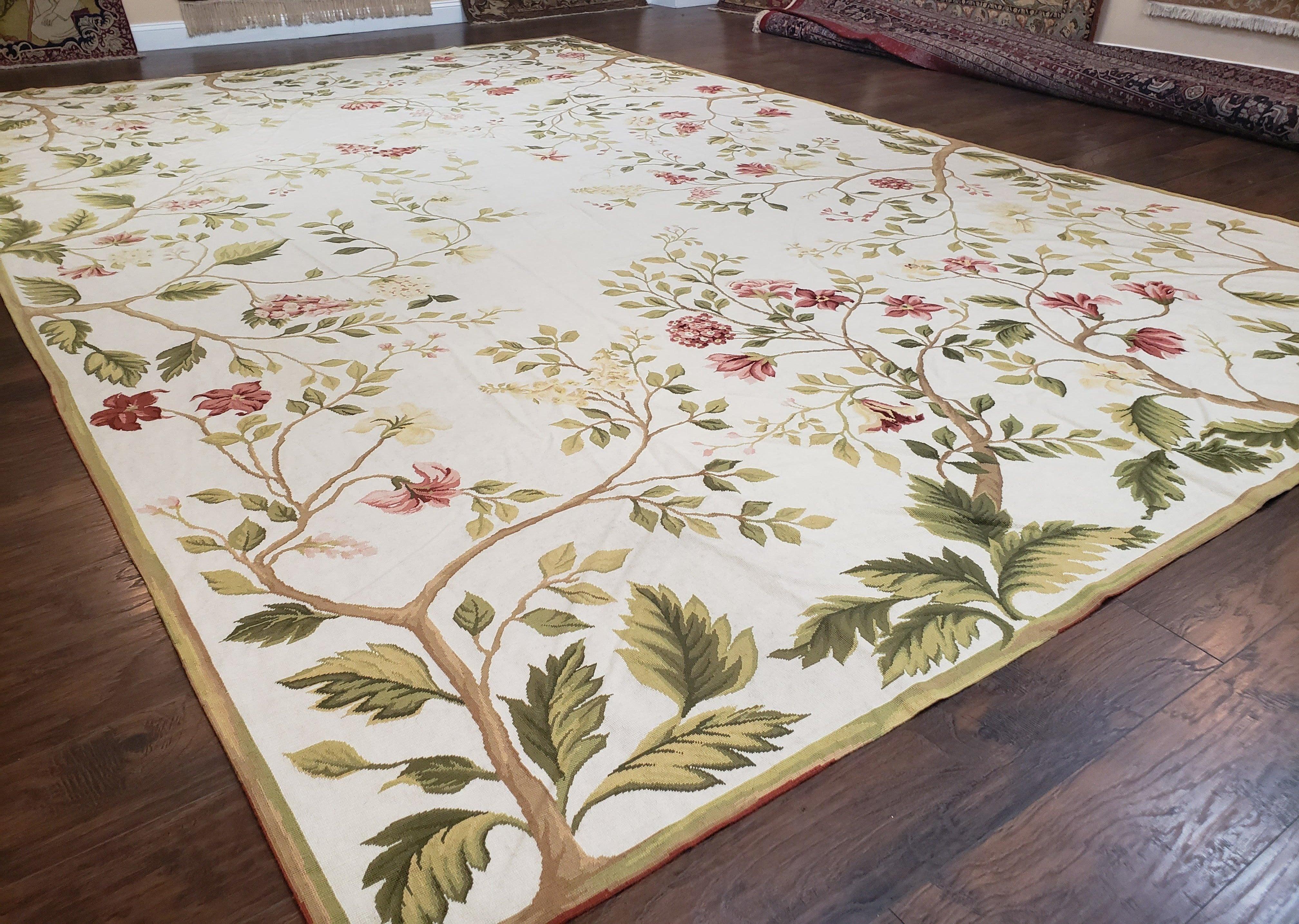 Ivory Chinese Needlepoint Rug 10.8 x 16, Wool Handwoven Carpet, 10x16 - 11x16 Large Room Sized Living Room Flatweave Rug, Dining Room Rug - Jewel Rugs