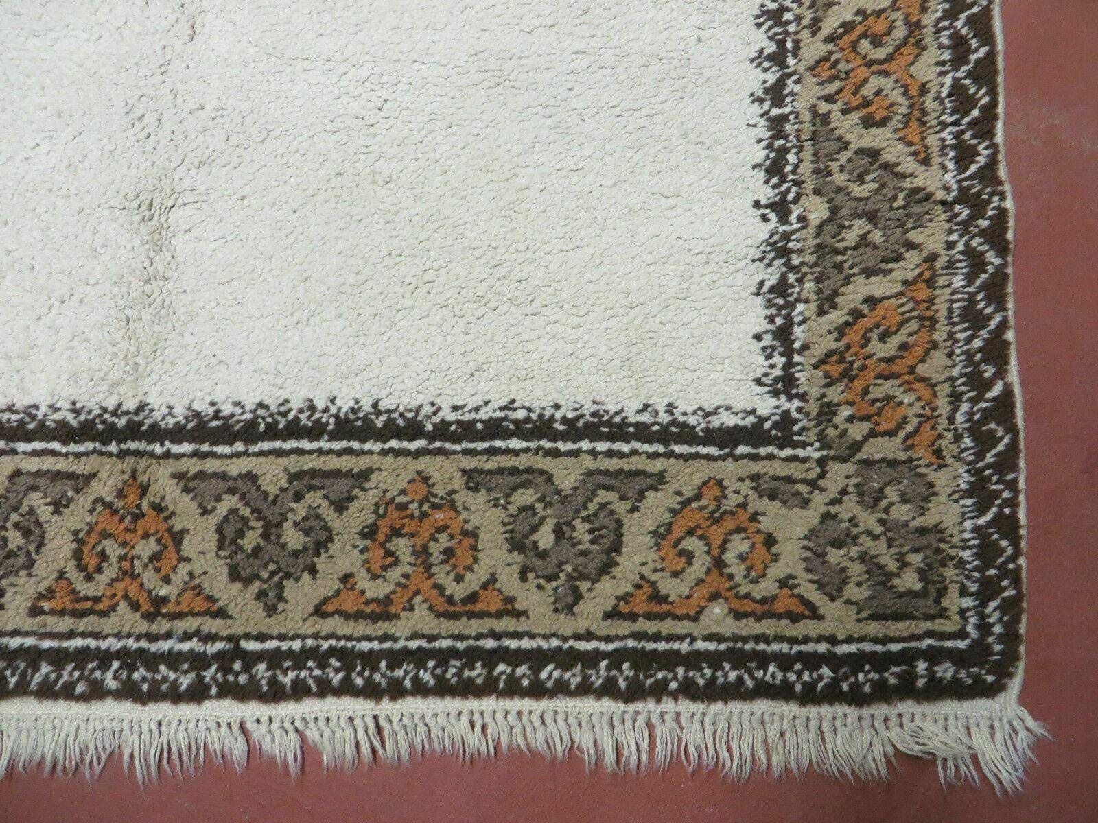 5' X 6' Vintage Handmade Moroccan Berber Rabat Wool Area Rug - Beige with Brown and Tan Border Bohemian Boho Design - Jewel Rugs