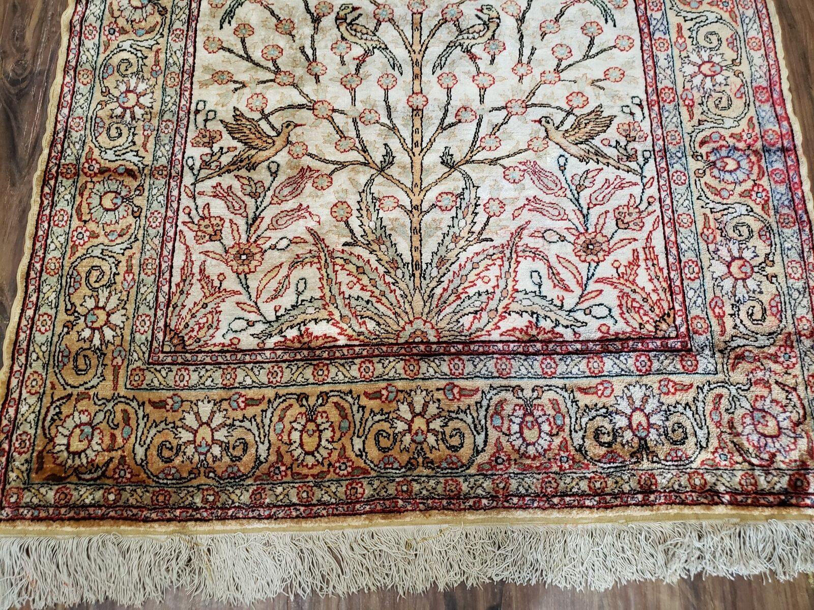 3' X 4'3" Antique Authentic Fine Handmade Turkish Silk Rug Tree Of Life Birds - Jewel Rugs