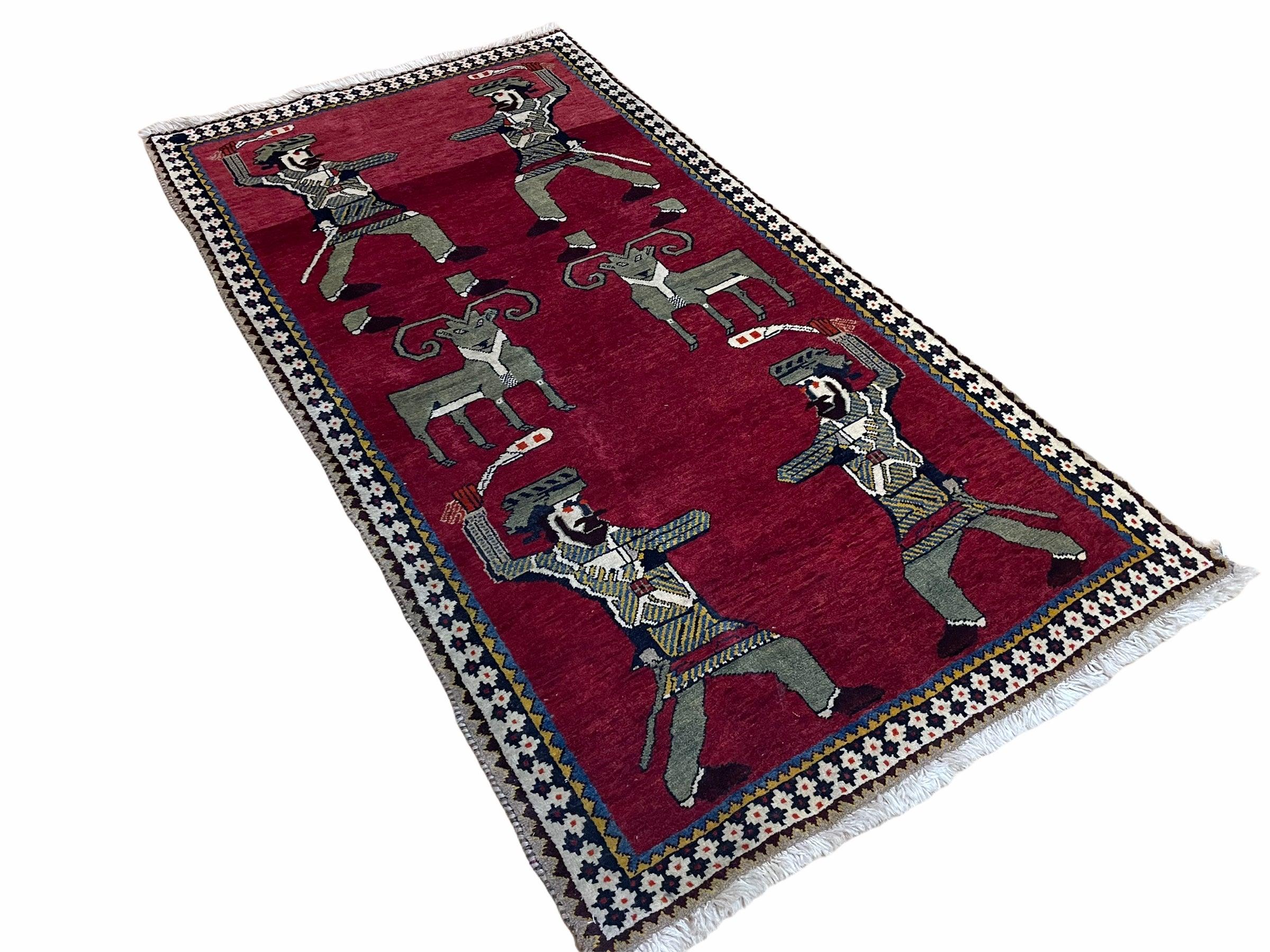 3 X 6 Handmade Wool Rug Tribal Balouch Warriors Deer Animal Pictorial Red Swords - Jewel Rugs