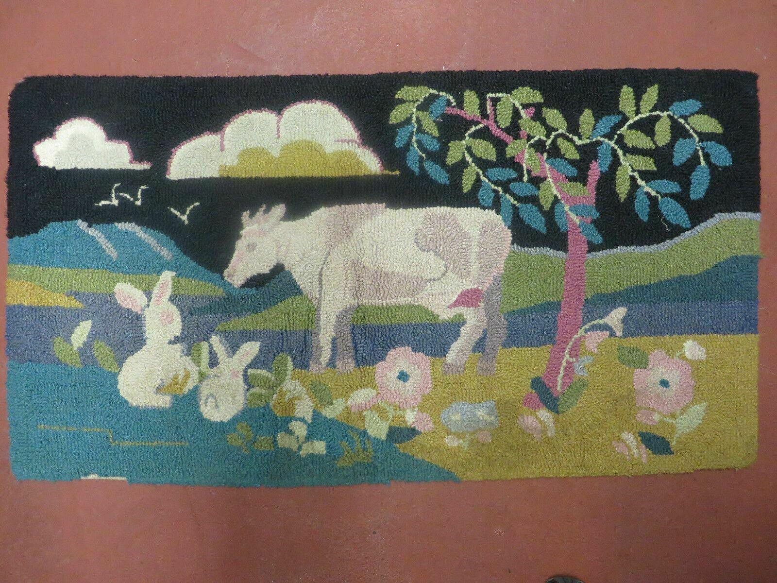 2' X 3' 7" Vintage American Handmade Hooked Rug COW RABBIT Farm Nice - Jewel Rugs