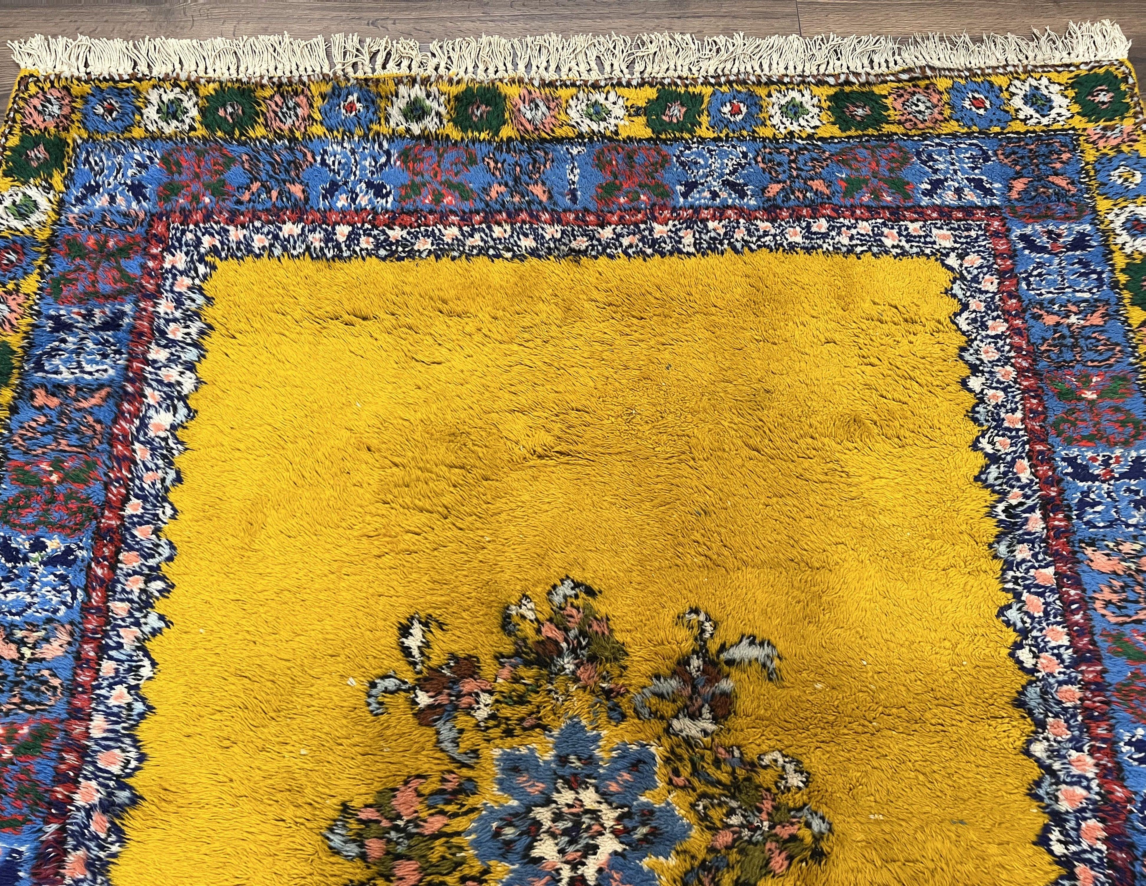 Bright Moroccan Rug 5x6, Rabat Rug 5 x 6, Mustard Yellow and Blue, Open Field and Medallion, Soft Wool Oriental Carpet, Handmade Vintage Rug - Jewel Rugs