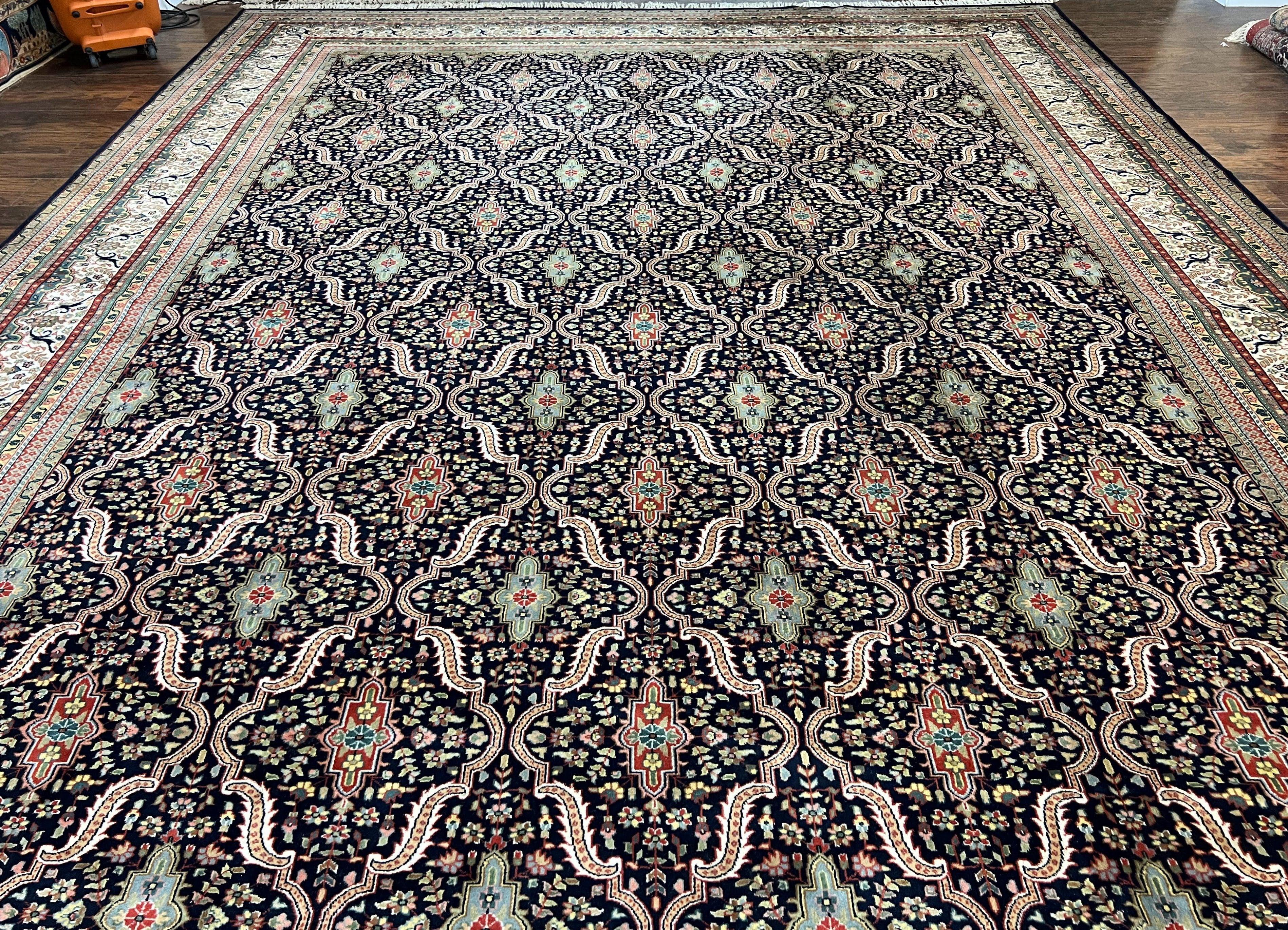 Palace Sized Indian Oriental Rug 12 x 22 ft, Large Oversized Hand Knotted Wool Carpet, Navy Blue Cream Tan, Overall Floral Bidjar Pattern - Jewel Rugs