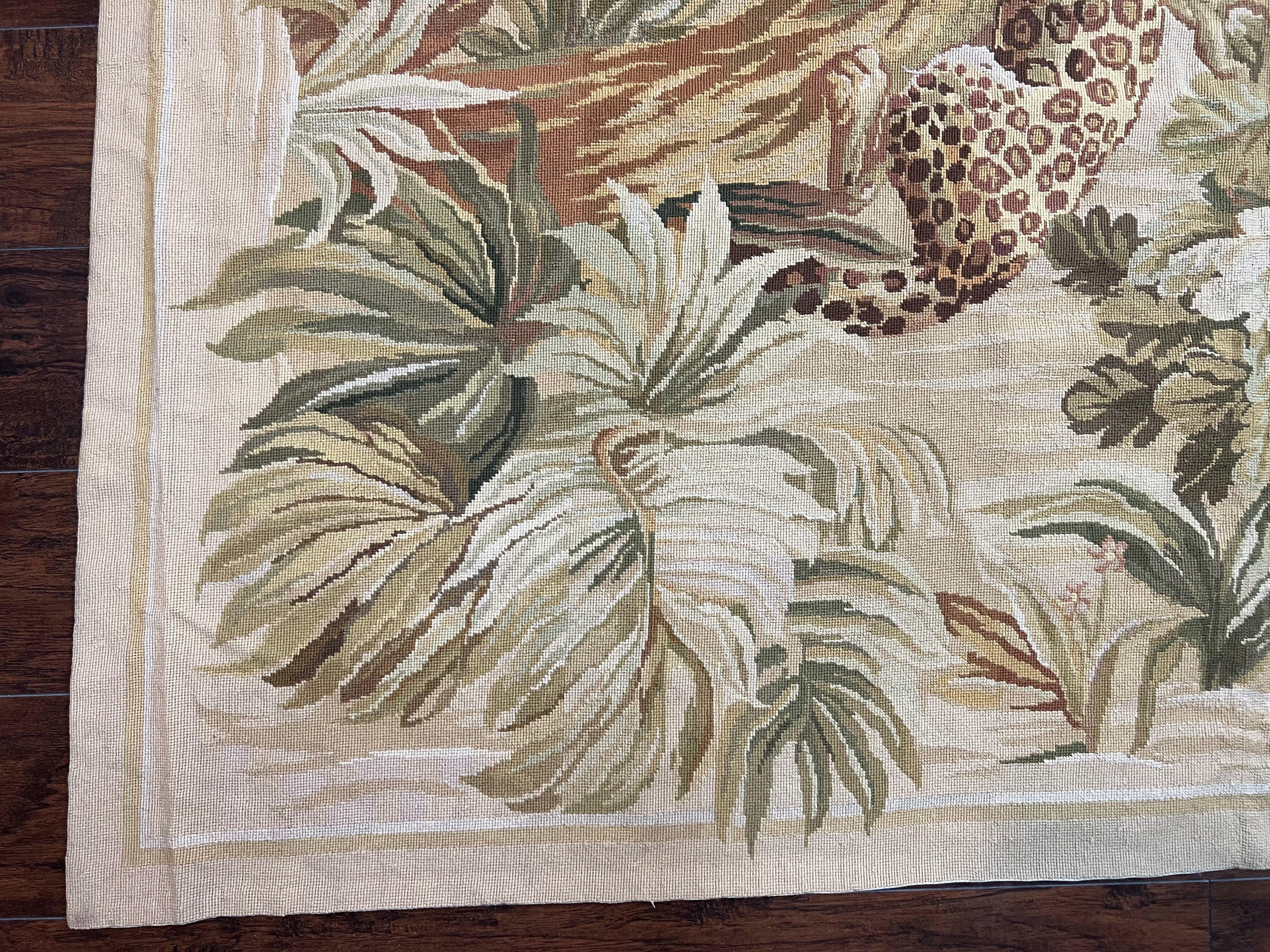 Needlepoint Rug 10x14, Floral Pattern with Leopards, Ivory Beige Tan, Handmade Wool Large Needlepoint Carpet 10 x 14 ft, Animal Pictorials - Jewel Rugs