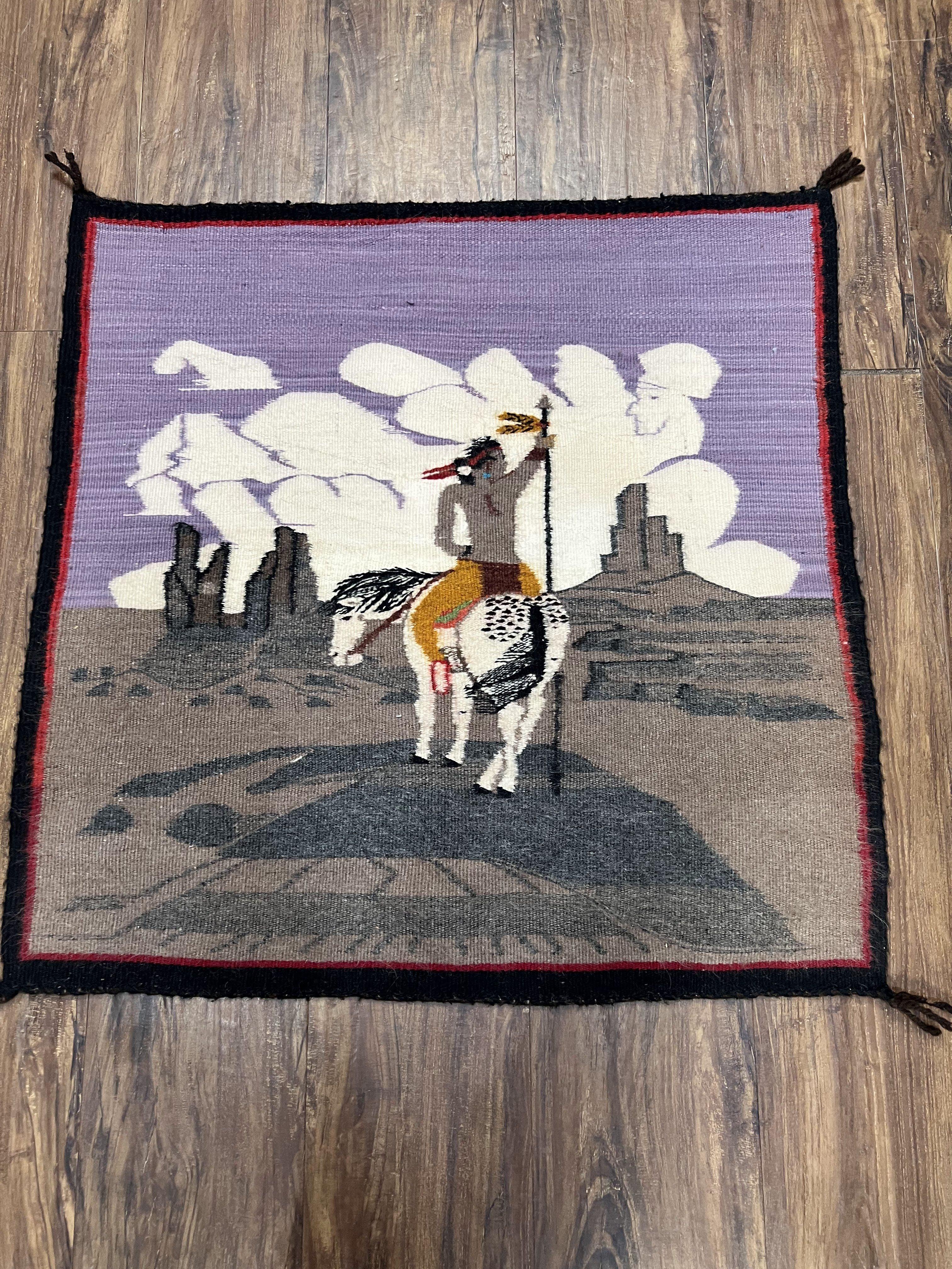 Antique Navajo Weaving, Navajo Textile 2.6 x 2.6, Small Square Navajo Rug, Native American Indian on Horse, Handmade, Wool, Collectible - Jewel Rugs