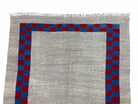 Gray Turkish Kilim Carpet 5' 7" x 7' 7", Medium Kilim Rug, Hand-Knotted, Blue & Red Border, Minimalistic Design, Geometric, Wool, New - Jewel Rugs