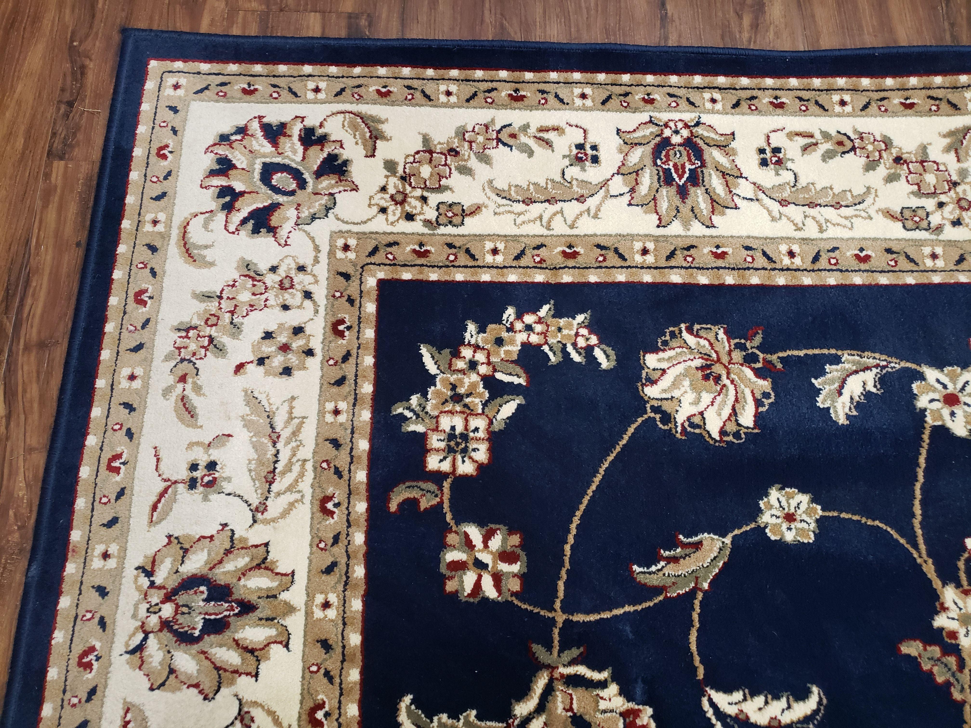 Vintage Oriental Area Rug, Wool & Silk Feel, Italian Rug, Persian Design, Dense Soft Pile, Dark Blue Beige/Cream, 7'9" x 10'10", Part of Set - Jewel Rugs