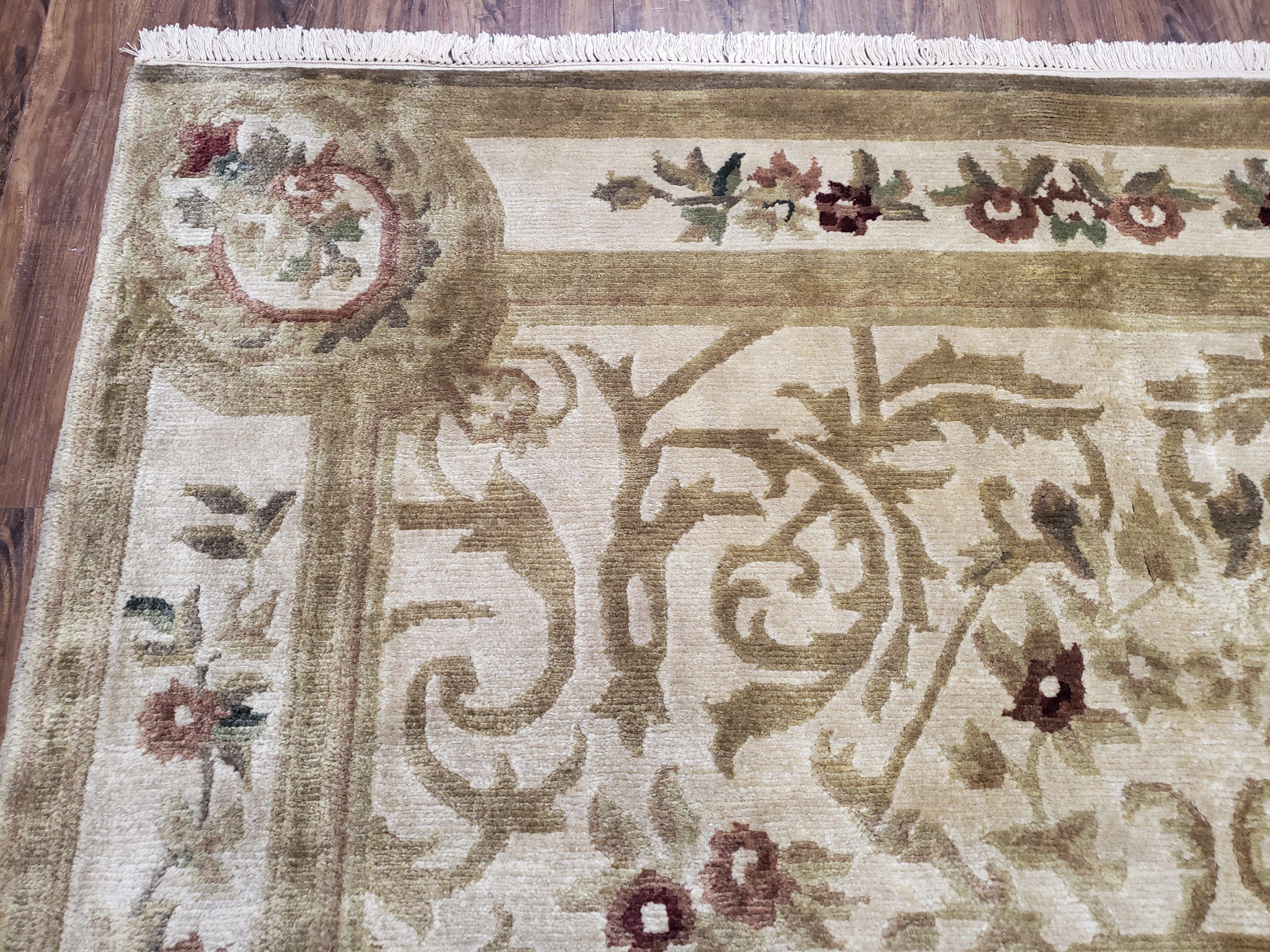 Vintage Nepali Tibetan Aubusson Rug 6x9, Wool Hand-Knotted Cream Beige Carpet, Leaves & Floral Pattern 6 x 9 Soft Area Rug Home Office Rug - Jewel Rugs