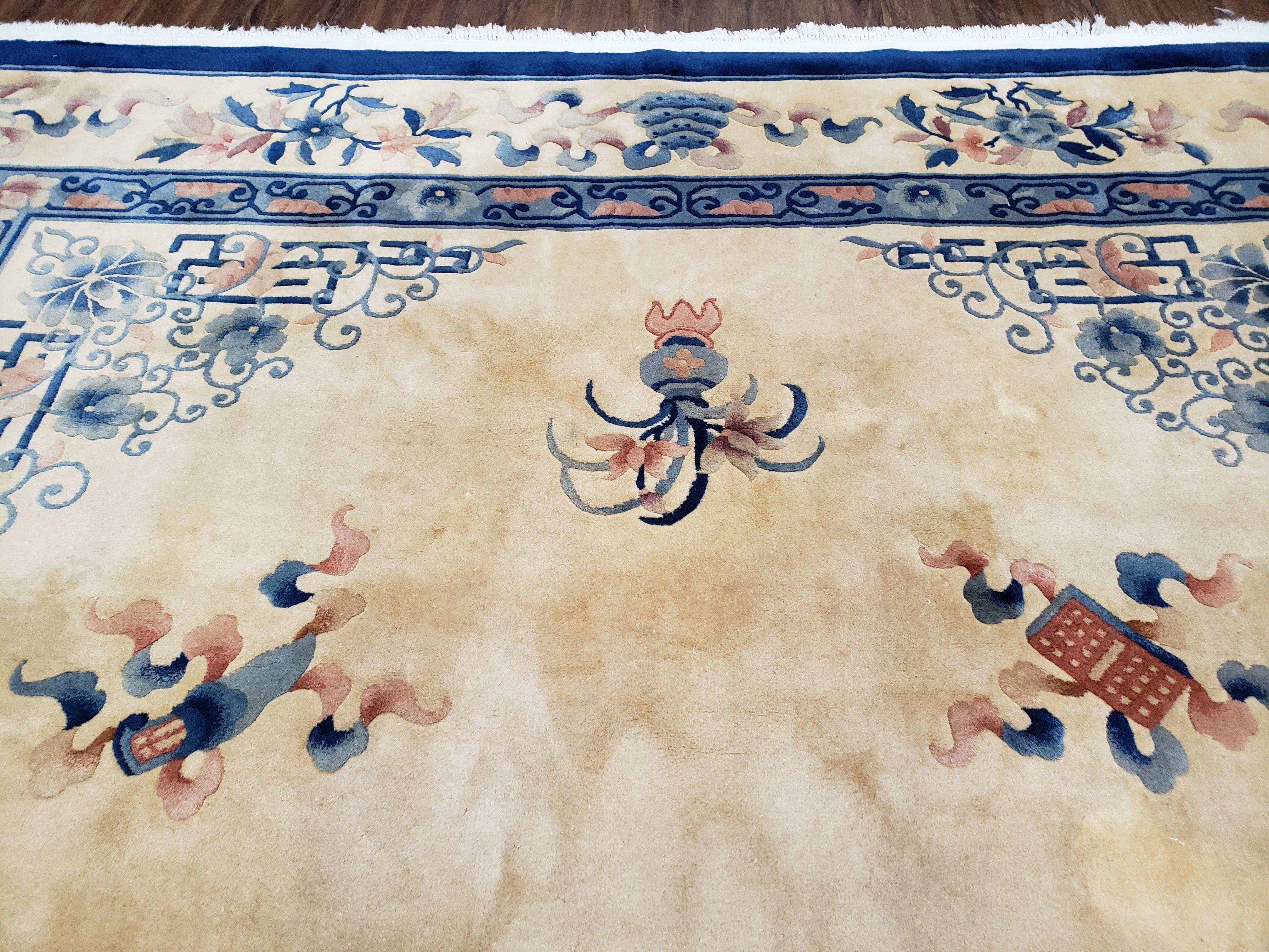 Vintage Chinese Carving Rug, Hand-Knotted Area Rug 9x12, Cream & Blue Art Deco Carpet, Asian Style Rugs, Soft Plush Wool Living Room Rug - Jewel Rugs