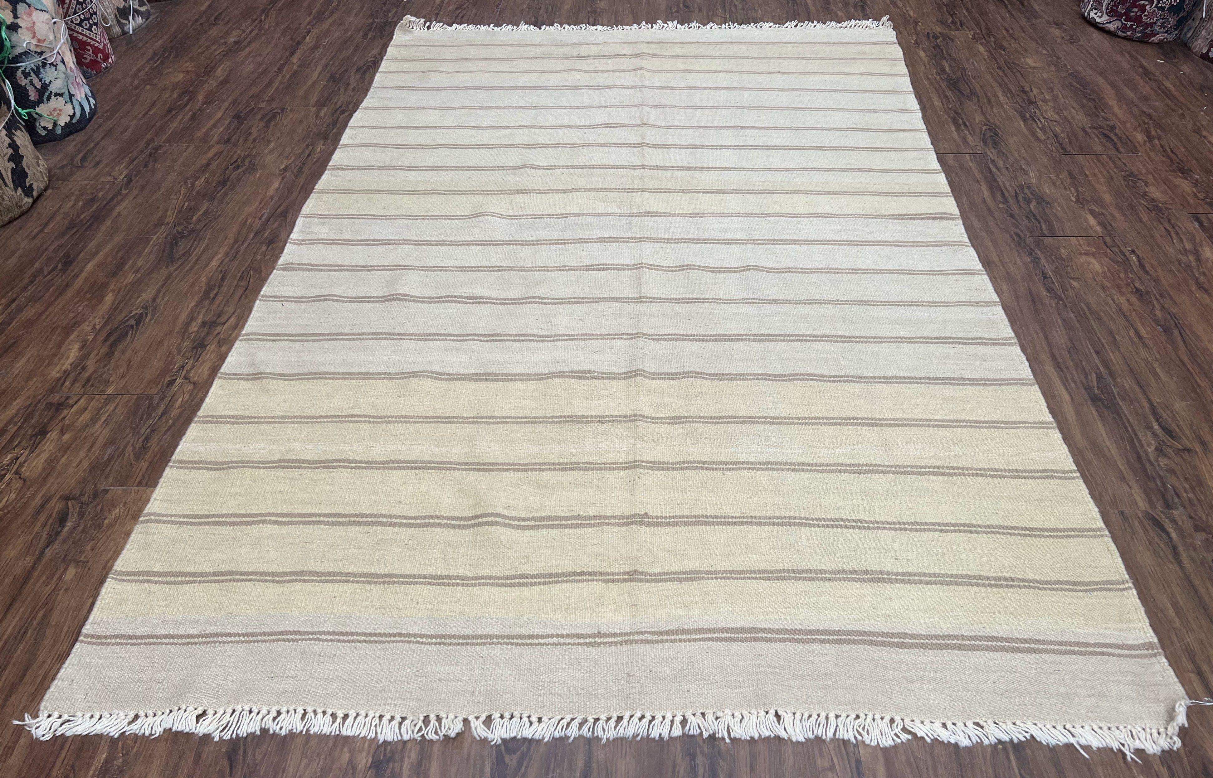 New Turkish Kilim Rug 5x8 Flatweave Carpet, Bohemian Rug, Contemporary Rug, Hand Woven, Wool Area Rug, Gray and Taupe, Striped Pattern - Jewel Rugs