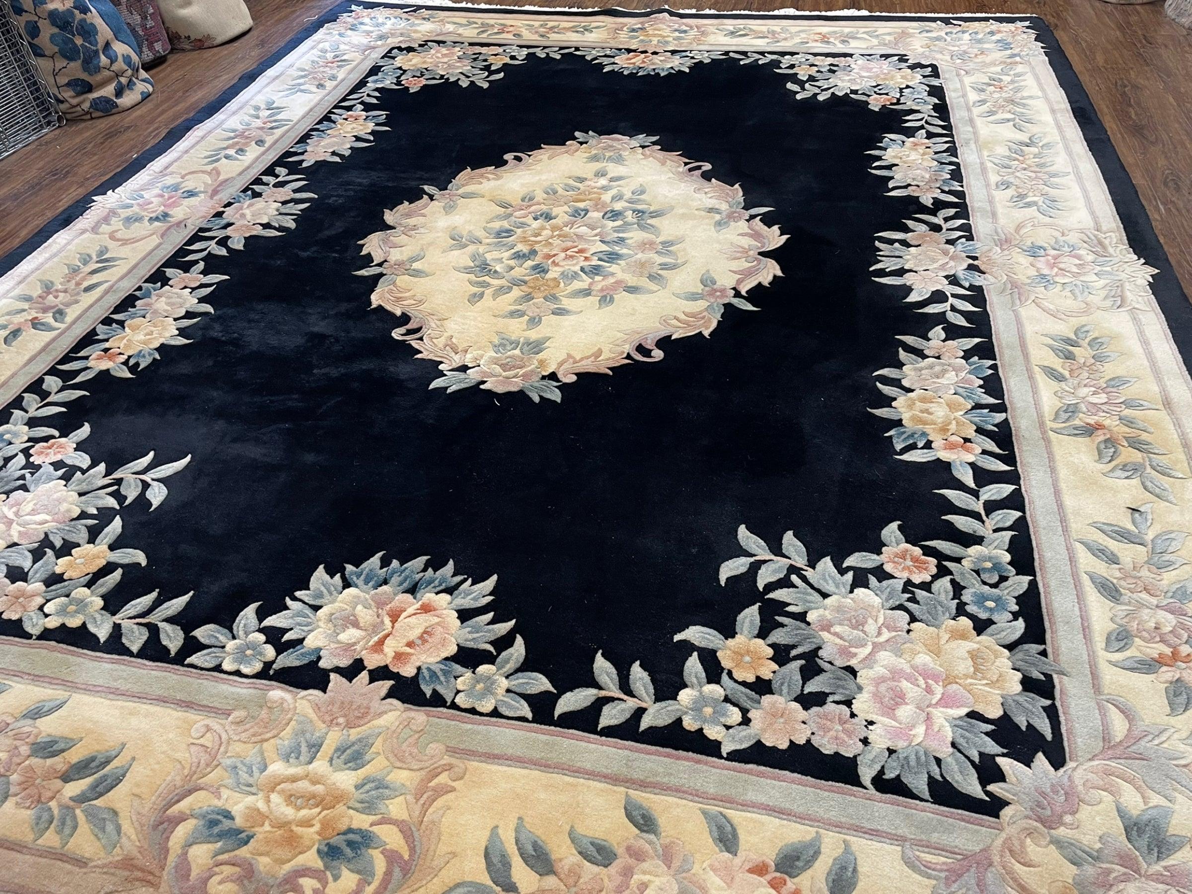 9x12 Chinese Aubusson Rug, 9 x 12 Plush Chinese Rug, 12x9 Floral Chinese Rug, 90 Line Carpet, Art Deco Rug Peking Rug Vintage Wool Black Rug - Jewel Rugs