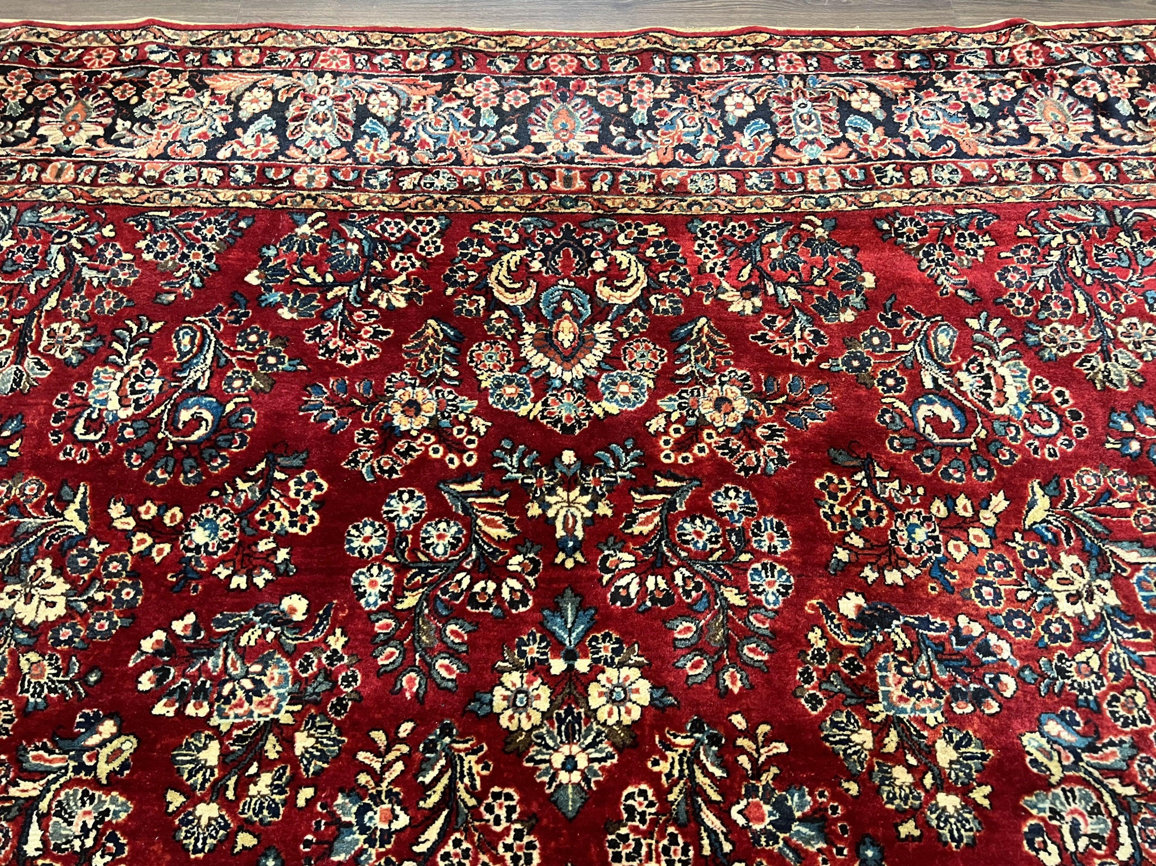 Wonderful Red Persian Sarouk Rug 9x12, 1920s Antique Persian Carpet, Floral Allover Hand Knotted Wool Oriental Rug, Room Sized Rug, Living Room Rug - Jewel Rugs