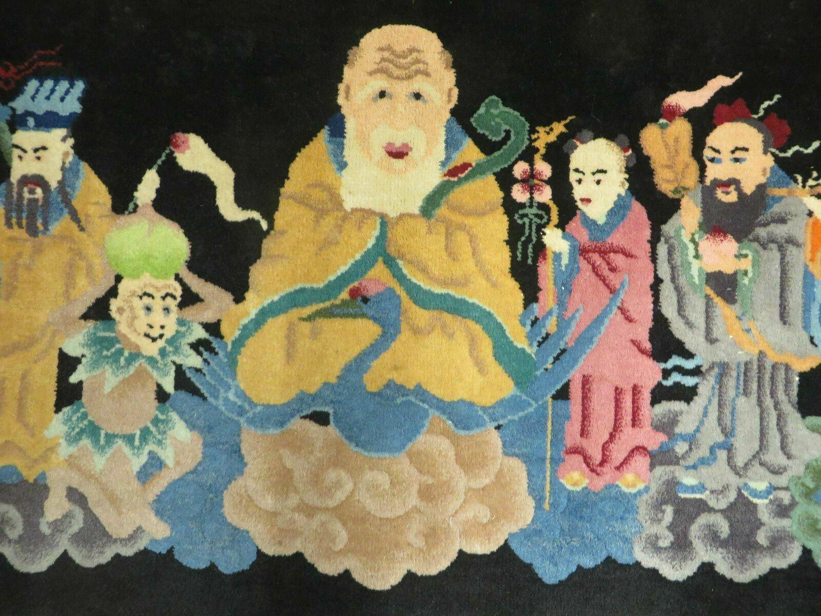 Chinese Wool Pictorial Rug 3x6 Counsel of Wise Elders Philosophers, Vintage Hand Knotted Black Chinese Carpet, Swan, Clouds Confucius, Rare - Jewel Rugs