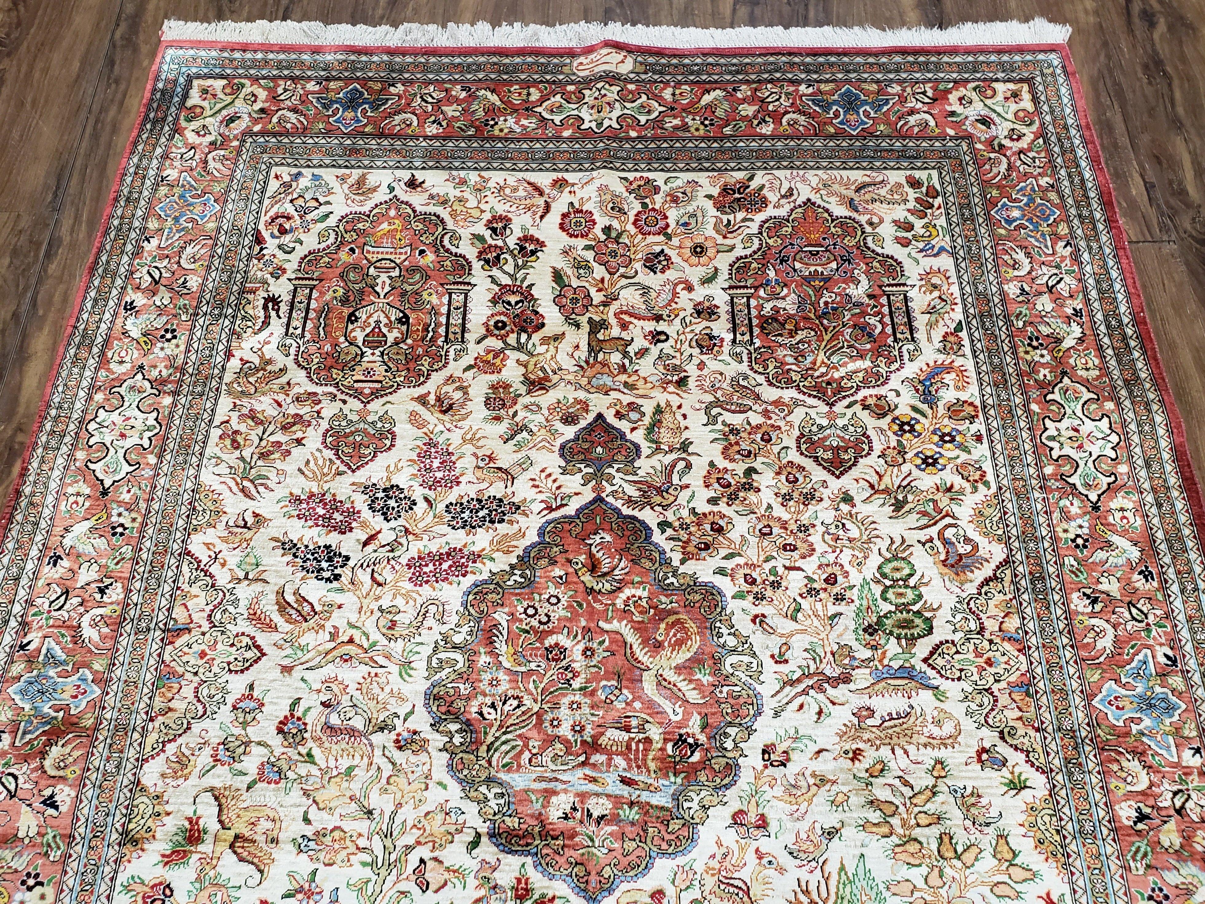 Vintage Persian Silk Qum Ghom Rug, Signature from Master Weaver, Animal Motifs, Very Fine, Hand-Knotted, 3'5" x 5' - Jewel Rugs