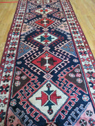 Persian Tribal Runner Rug 3.5 x 10.7, Persian Karajeh Heriz Rug, Hand Knotted Antique Wool Vegetable Dyed Hallway Runner, Navy Blue Red Off White, Geometric Medallions - Jewel Rugs