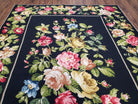 Vintage Black Floral Needlepoint Area Rug 5x8 - 6x9, Large Red & Pink Rose Flowers, Wool Hand-Woven Petitepoint Flatweave Living Room Carpet - Jewel Rugs