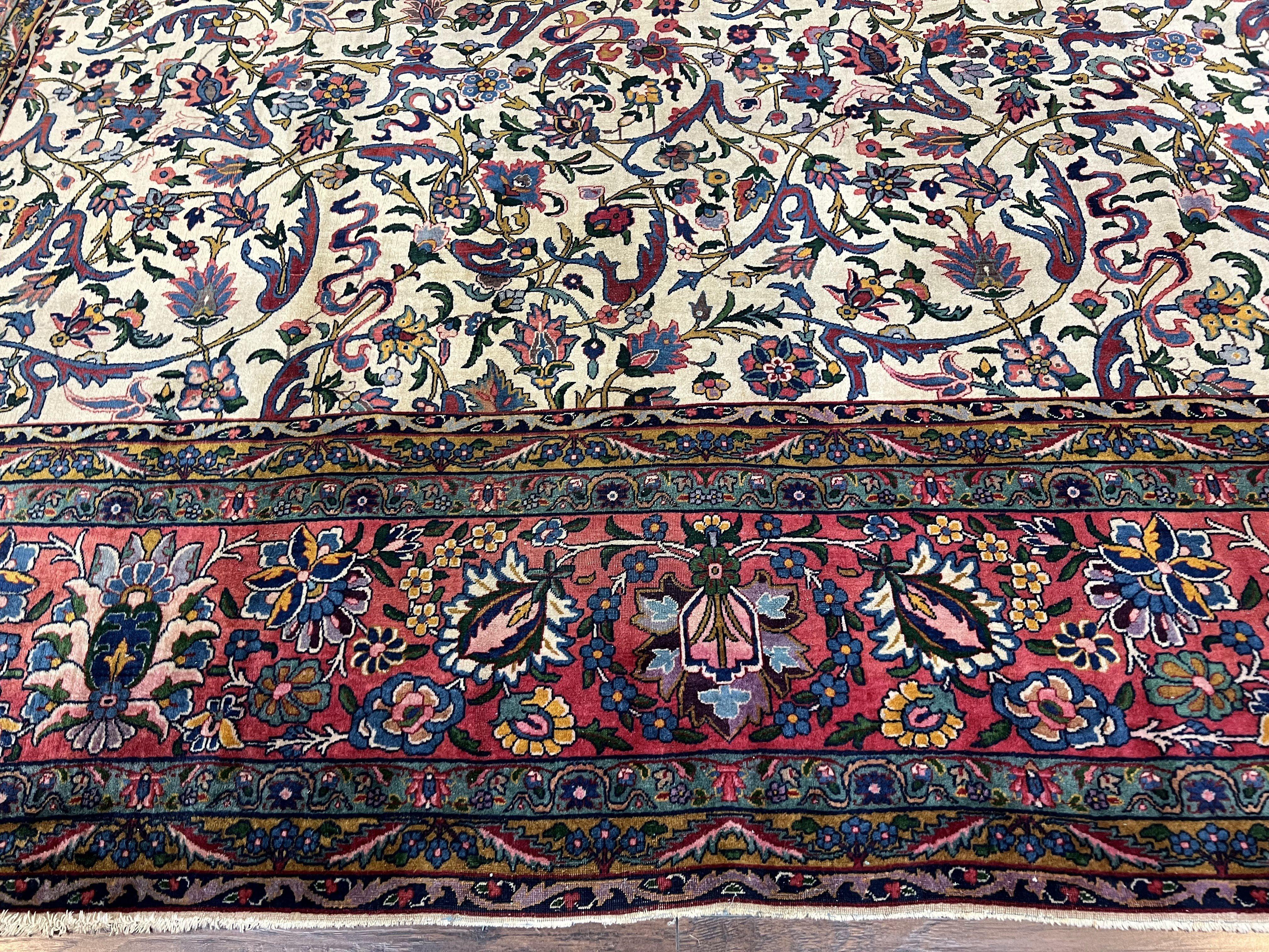 Rare Room Sized Persian Kirman Lavar Rug 10x15, Antique 1920s Persian Carpet, Allover Floral Design, Cream Red Blue, Highly Detailed, Wool - Jewel Rugs