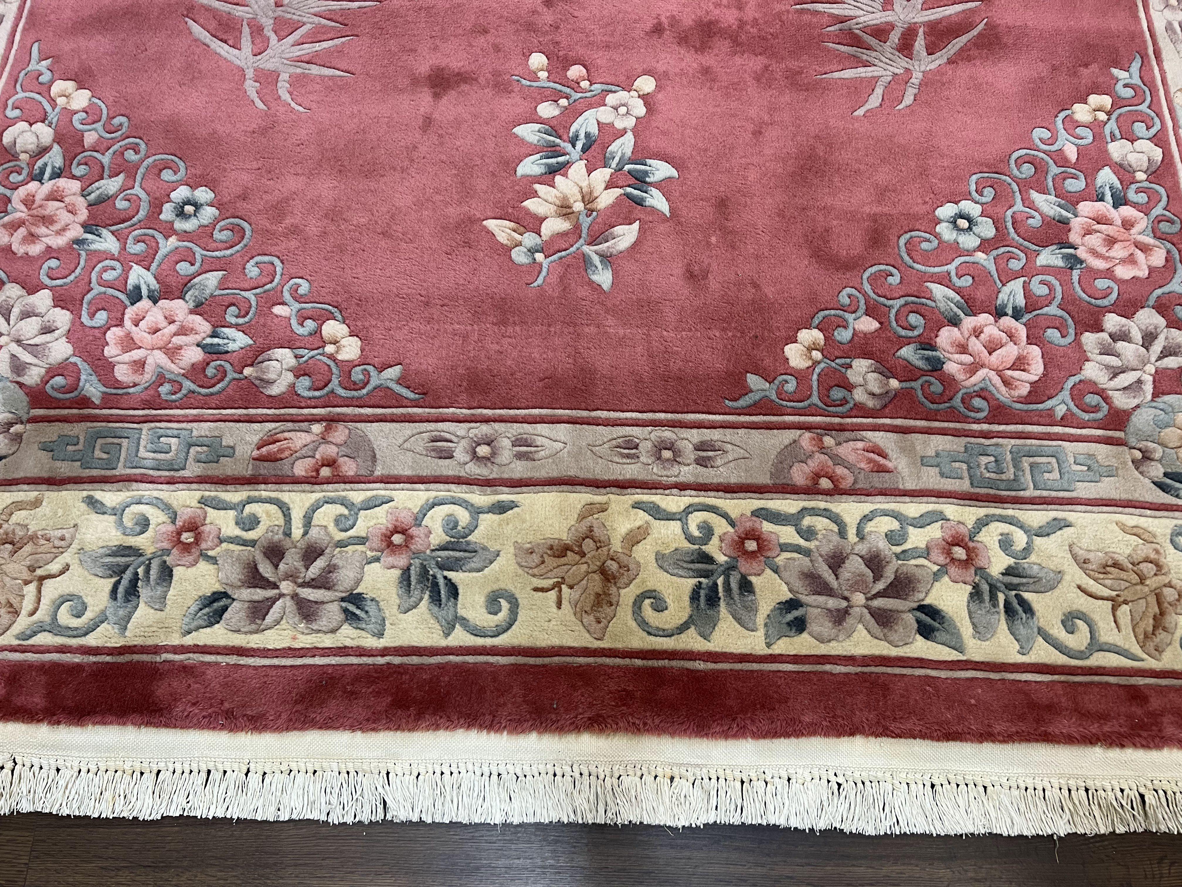 Chinese Carved Rug 8x10, Vintage 1960s Chinese Wool Carpet, Asian Oriental Handmade Sculpted Rug Pink Cream Art Deco Floral Medallion 8 x 10 - Jewel Rugs