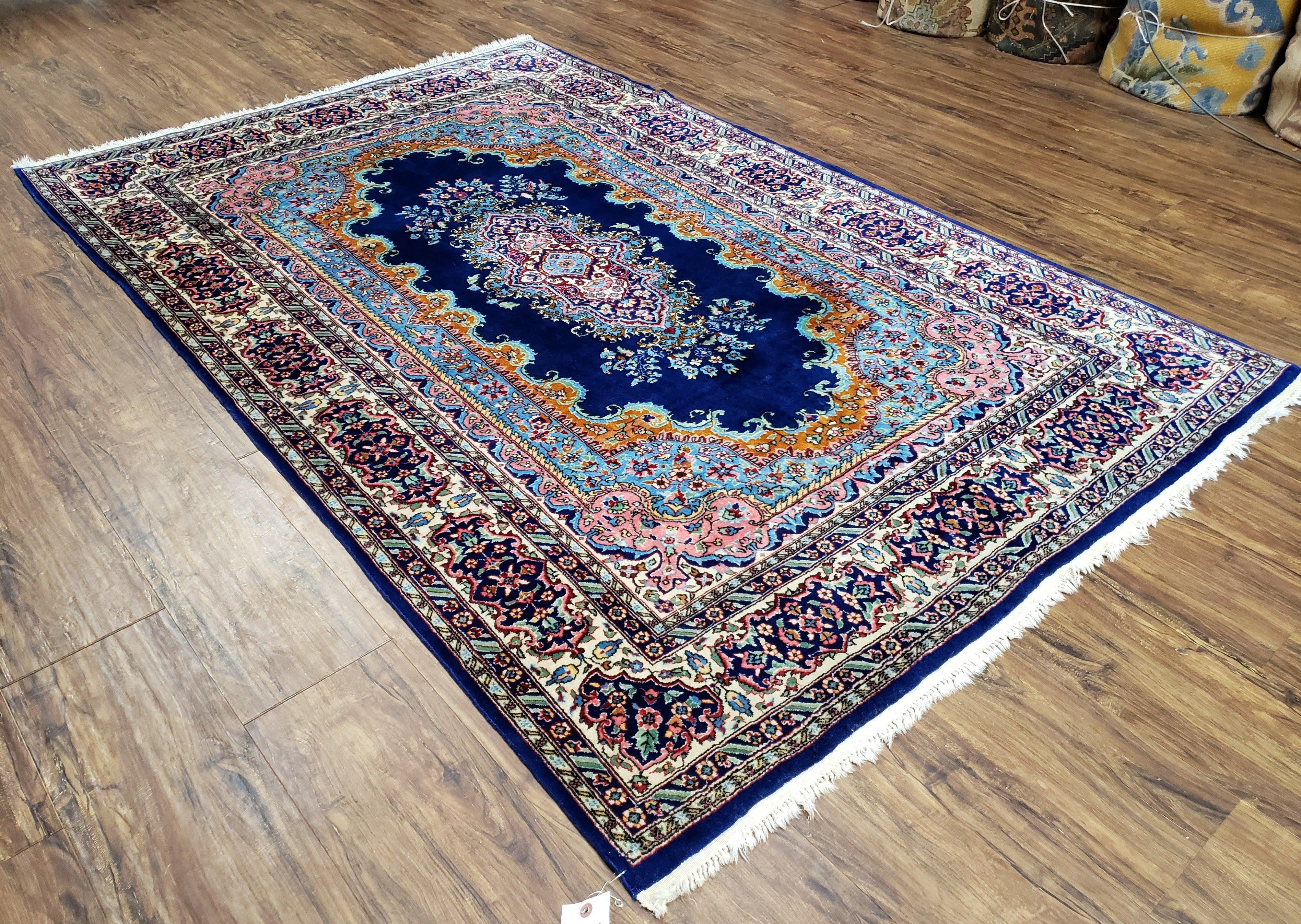 Vintage Indian Kirman Area Rug 4x7 - 5x7, Wool Hand-Knotted, Blue & Ivory Indo Persian Oriental Carpet, Medallion Rug, Office Room Rug - Jewel Rugs