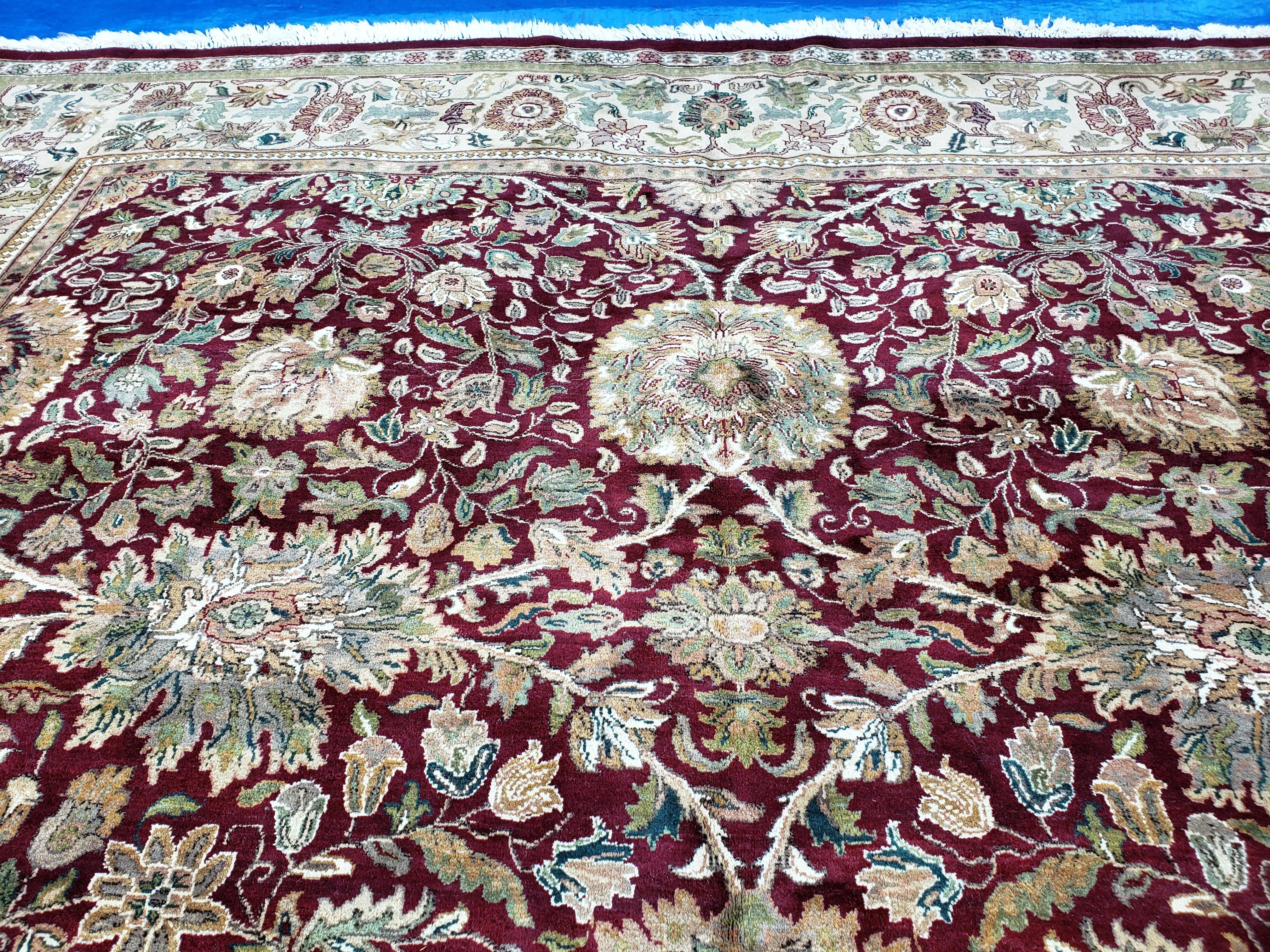 12x15 Indian Agra Rug, Handmade Palace Sized Carpet, X Large Hand Knotted Rug, Allover Pattern Large Flowers, Maroon and Beige, Wool Vintage - Jewel Rugs