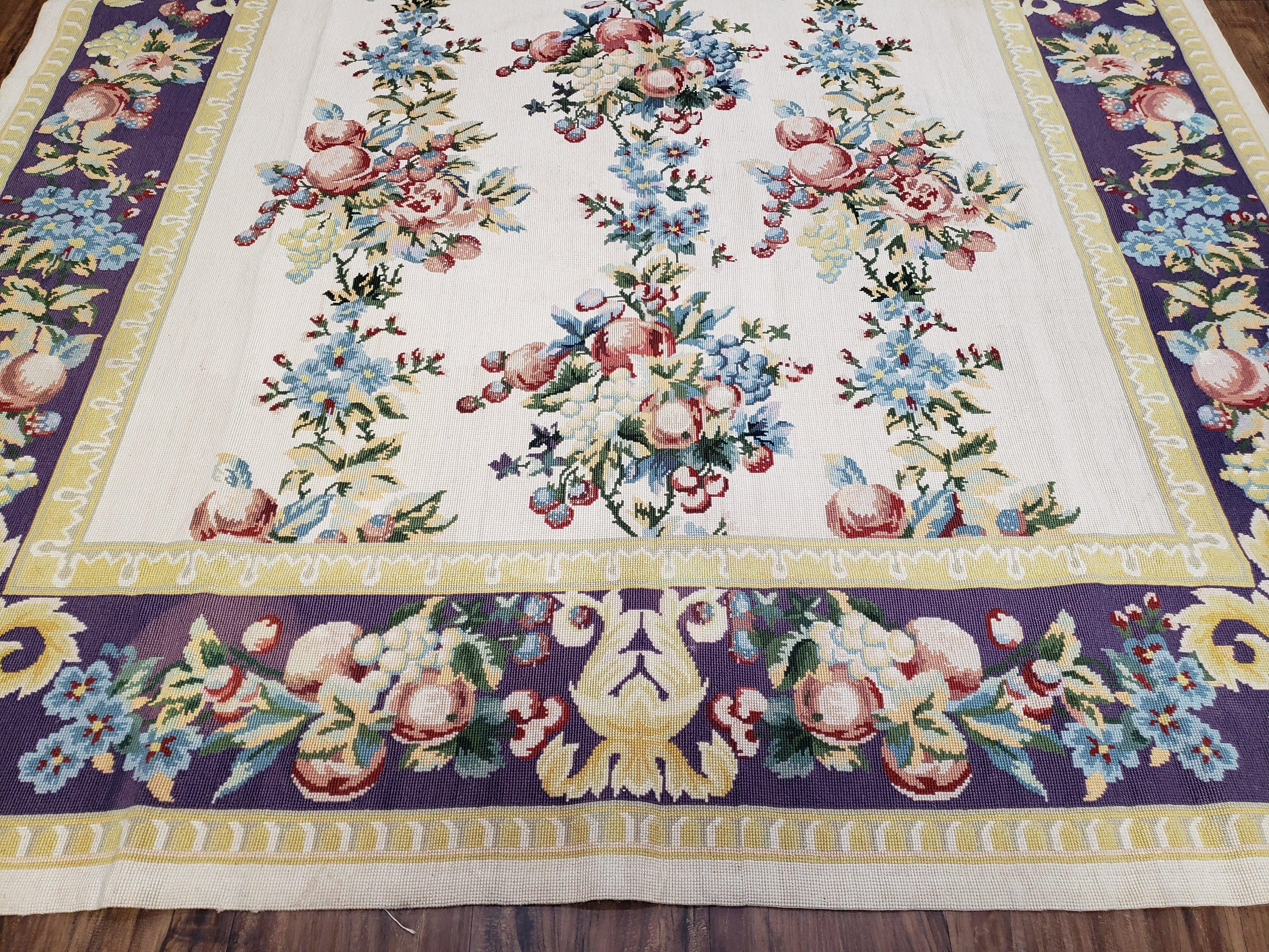 Vintage Chinese Floral Needlepoint Area Rug 6x9, Wool Hand-Woven Handmade Flatweave Rug, Ivory & Purple, Fruits Grapes Apples, Dining Room - Jewel Rugs