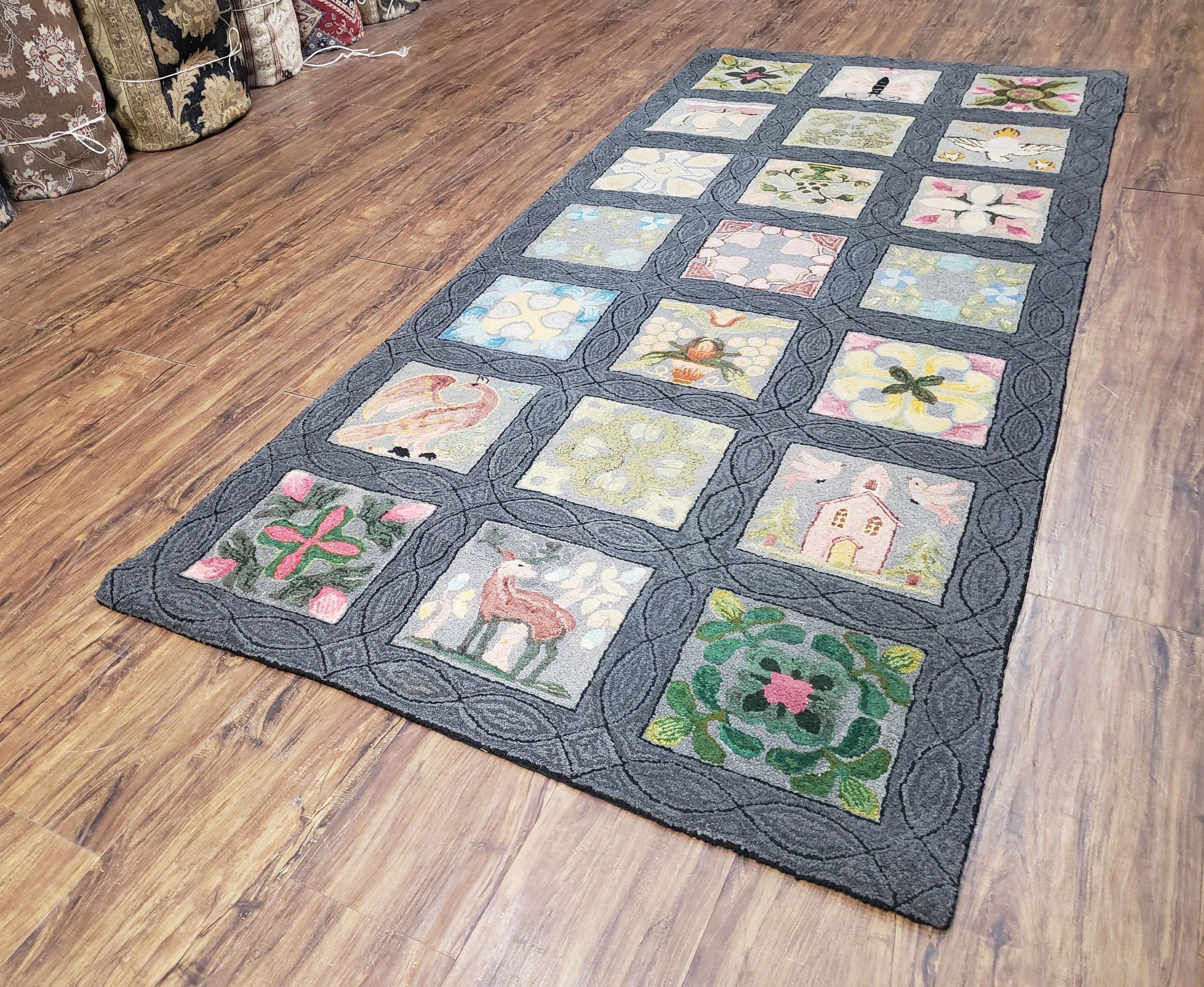 American Hooked Rug 3' 6" x 7' 9", Panel Design, Flowers, Vase, Butterfly, Bird, Handmade Hooked Carpet, Vintage Hand Hooked Runner Rug - Jewel Rugs