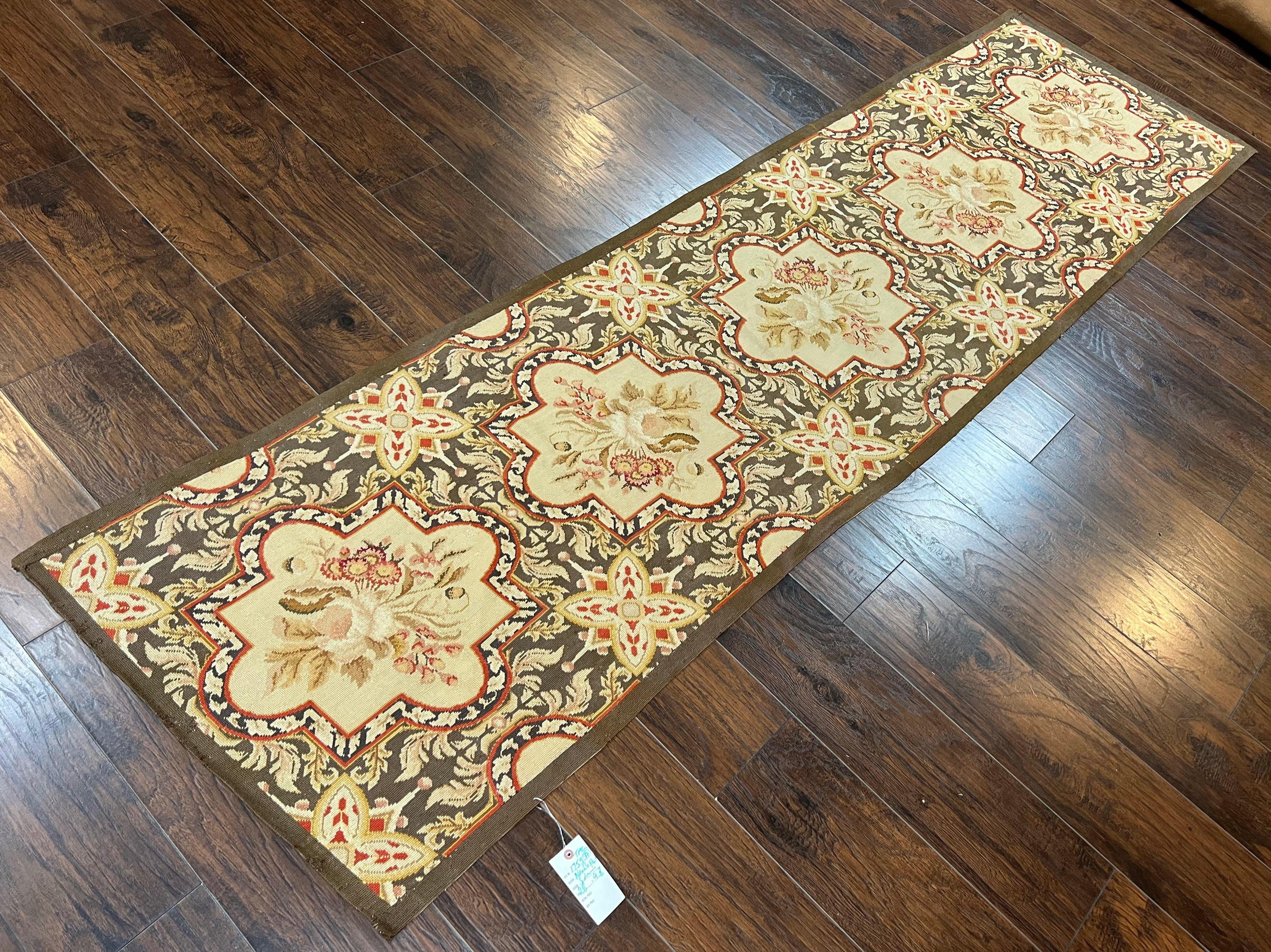 Needlepoint Runner Rug 2.8 x 9.8, Brown and Beige, Handwoven Handmade Floral French European Design, Vintage Flatweave 10ft Wool Runner Rug - Jewel Rugs