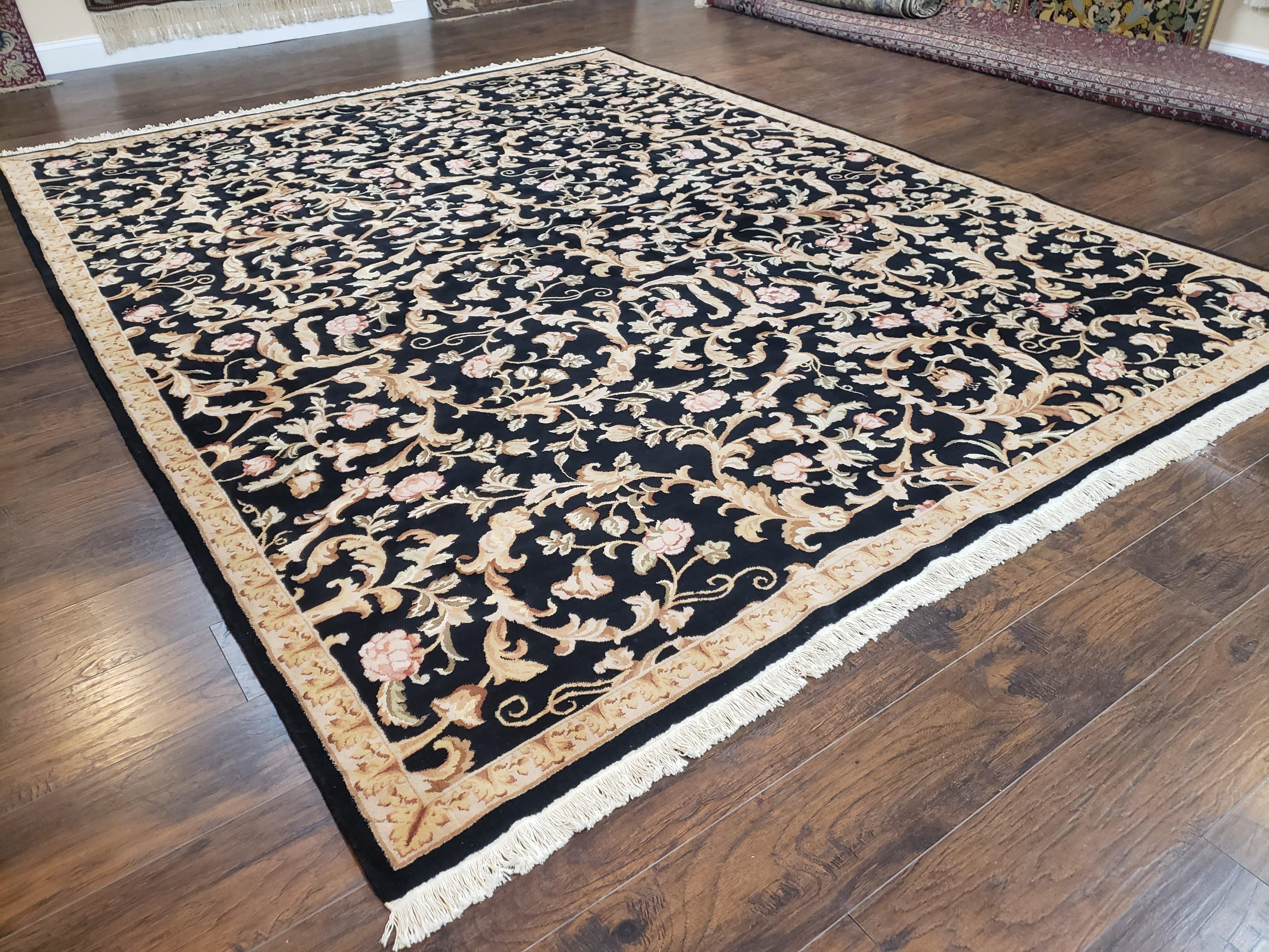 Chinese Aubusson Rug 8.8 x 11, Black Cream Gold, Allover Floral Pattern, Vintage Wool Pile Rug, Traditional European Design, Handmade Carpet - Jewel Rugs