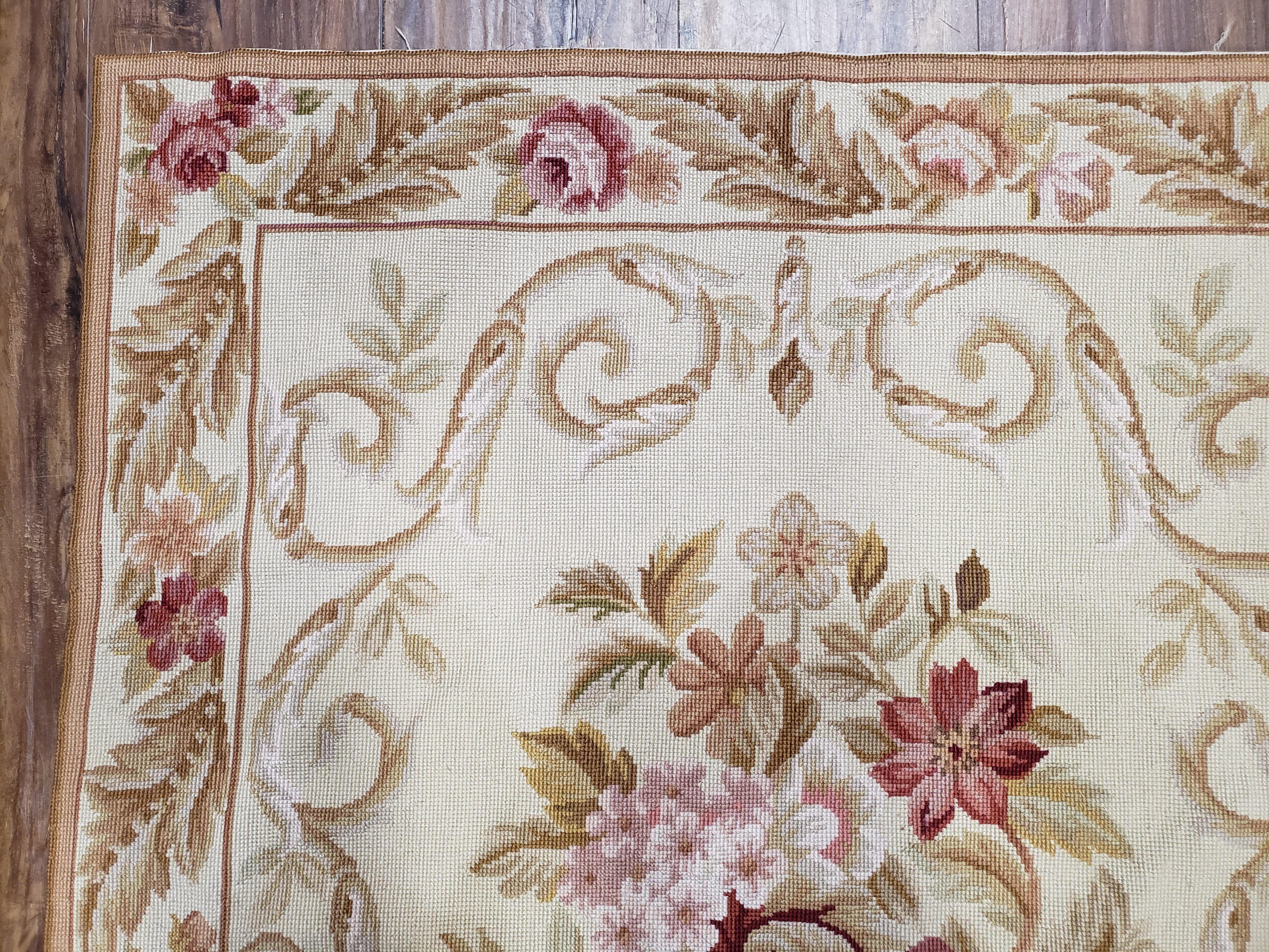 Vintage Chinese Needlepoint Rug 3x4 Hand Woven French Aubusson Floral Design, Flatweave Rug, Beige Area Rug, European Handmade Carpet 3 x 4 - Jewel Rugs