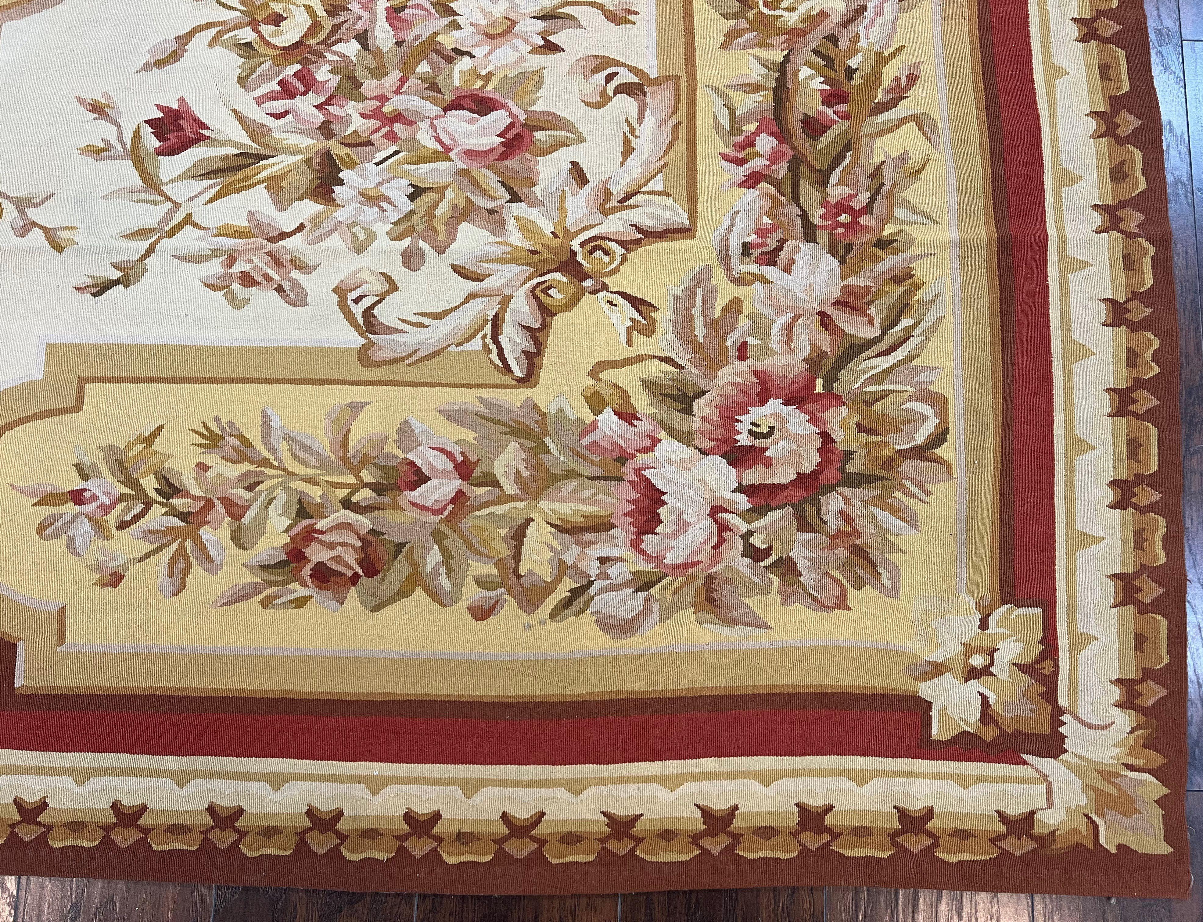 Aubusson Rug 9x12, Elegant Flatweave Savonnerie Carpet 9 x 12 ft, Ivory Light Yellow Red, Handmade Wool Flatweave French European Rug - Jewel Rugs