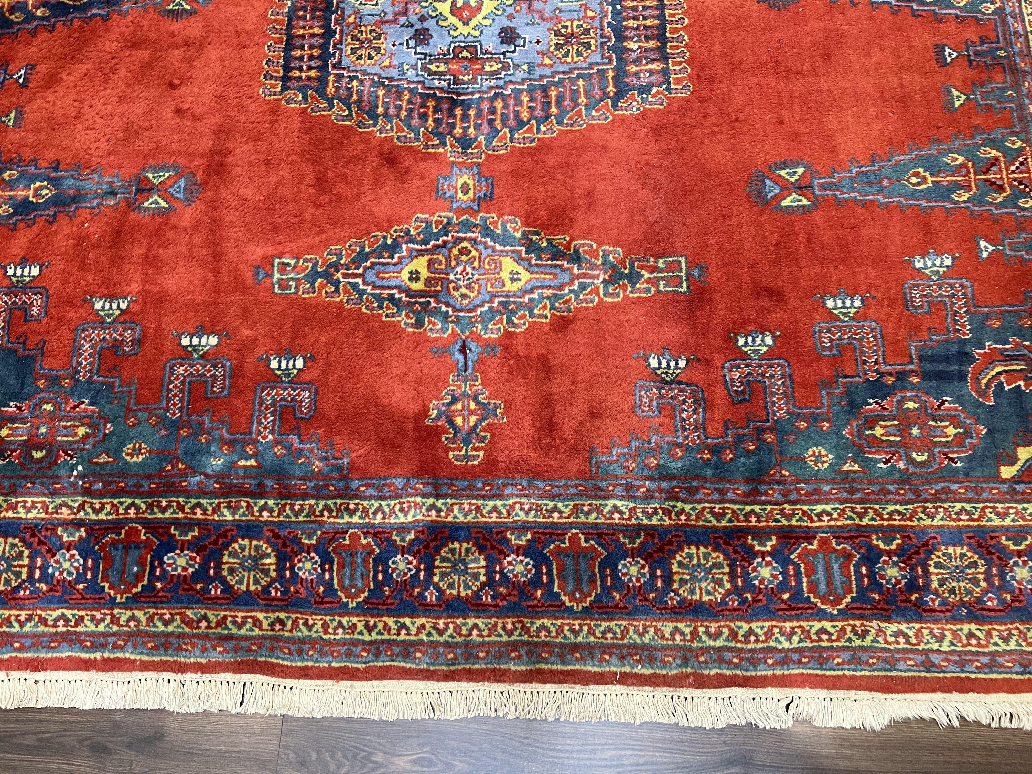 Square Persian Rug 7.7 x 7.3, Red and Blue Persian Wiss/Viss Hand Knotted Carpet, Antique Wool Oriental Tribal Rug, Boho Rug, Geometric Medallions - Jewel Rugs