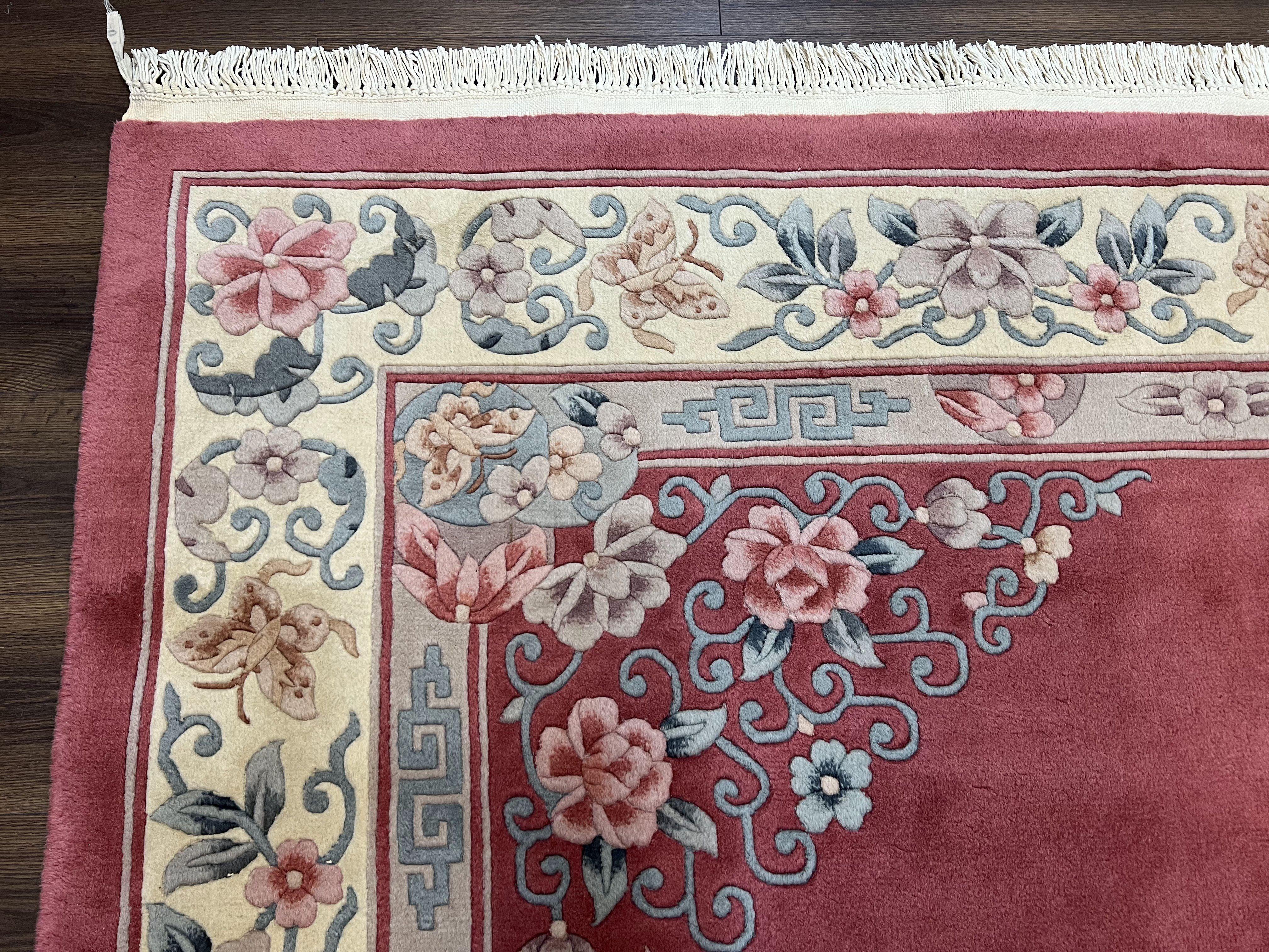 Chinese Carved Rug 8x10, Vintage 1960s Chinese Wool Carpet, Asian Oriental Handmade Sculpted Rug Pink Cream Art Deco Floral Medallion 8 x 10 - Jewel Rugs