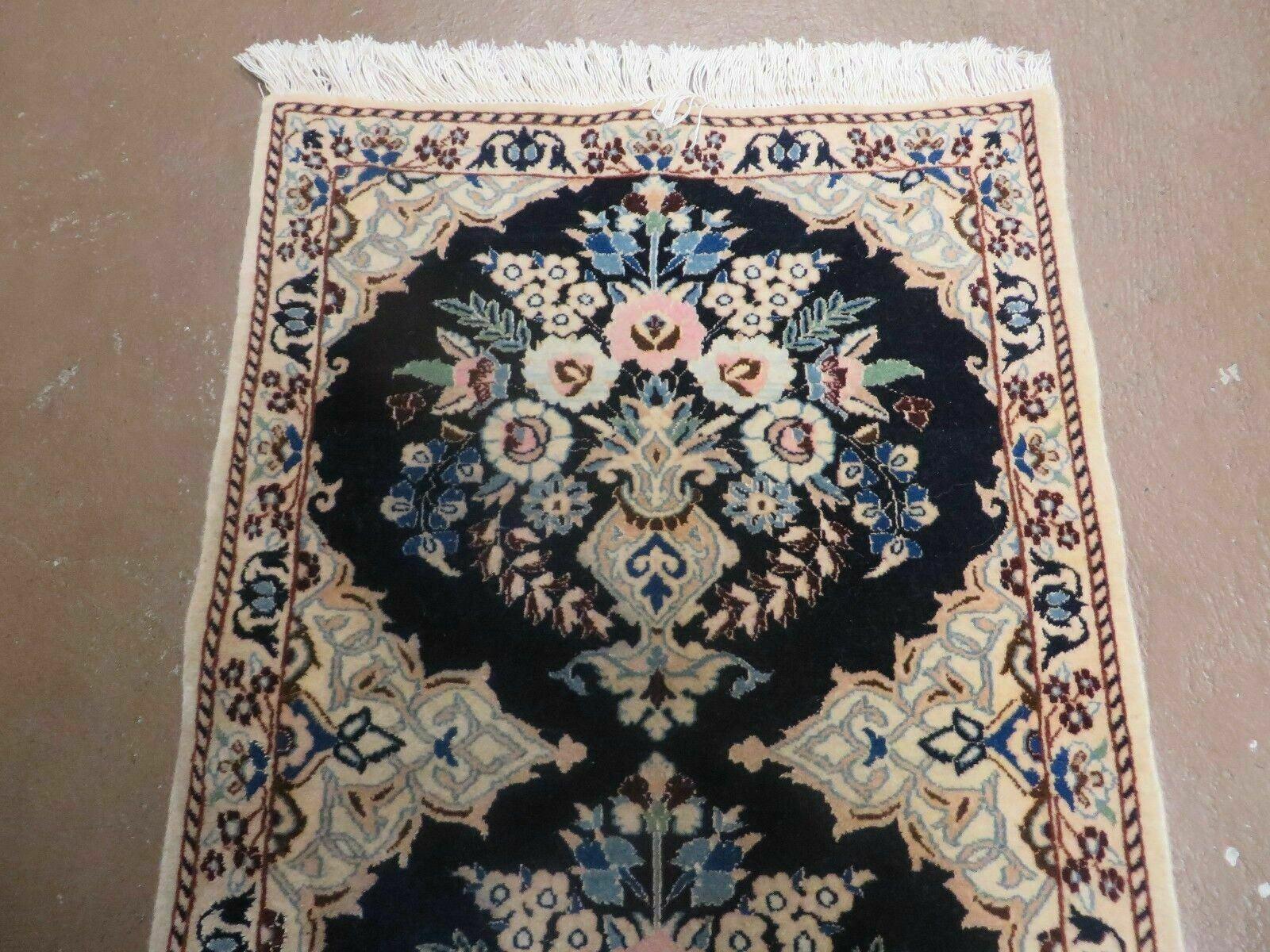 Fine Persian Runner 1.8 x 5, Persian Nain Carpet, Short Runner 5ft Long, Hand Knotted Wool and Silk Antique Rug, Floral Vases, Navy Blue and Ivory, Luxury Rug - Jewel Rugs