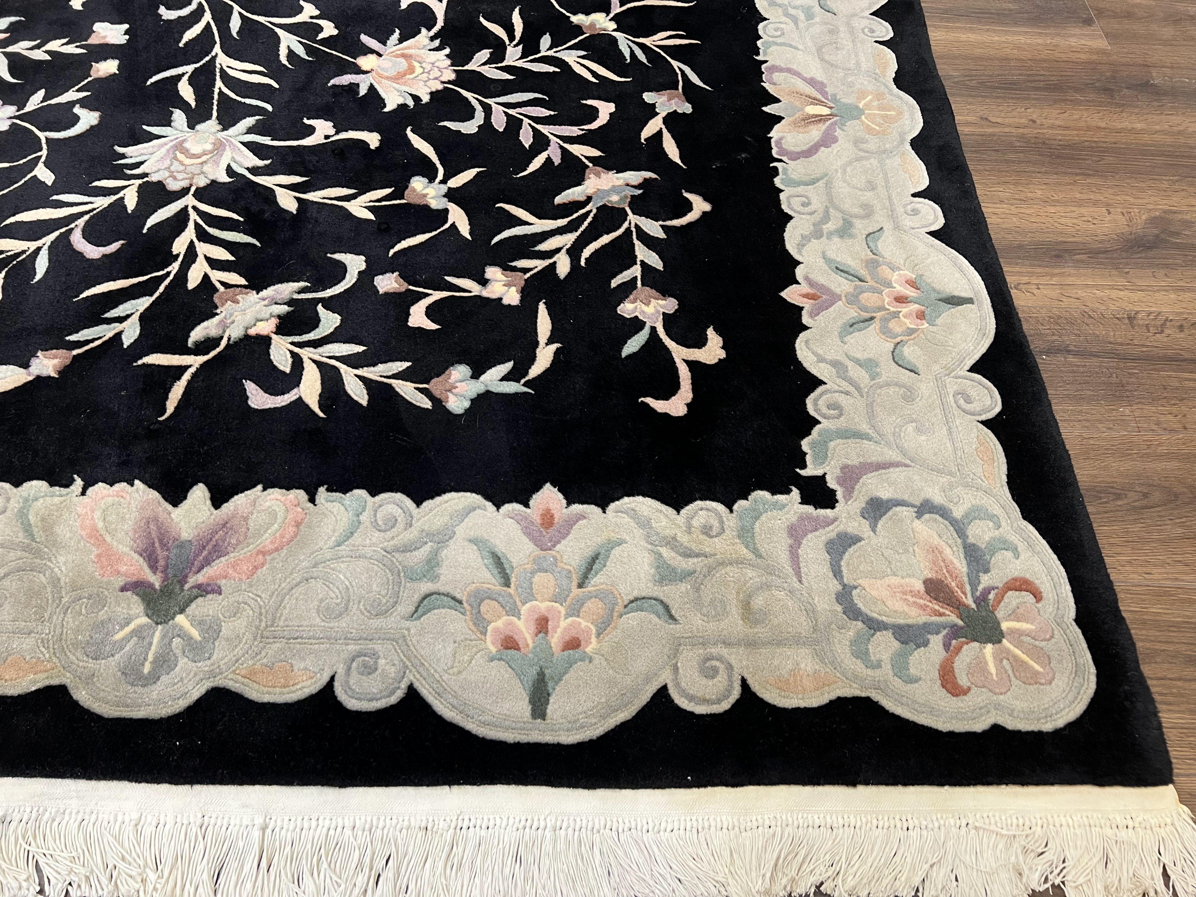 Chinese Wool Rug 9x11, Black Chinese 90 Line Carpet, Allover Floral Chinese Rug, Soft Plush Rug, Black Gray Teal Rug, Vintage Chinese Rug - Jewel Rugs