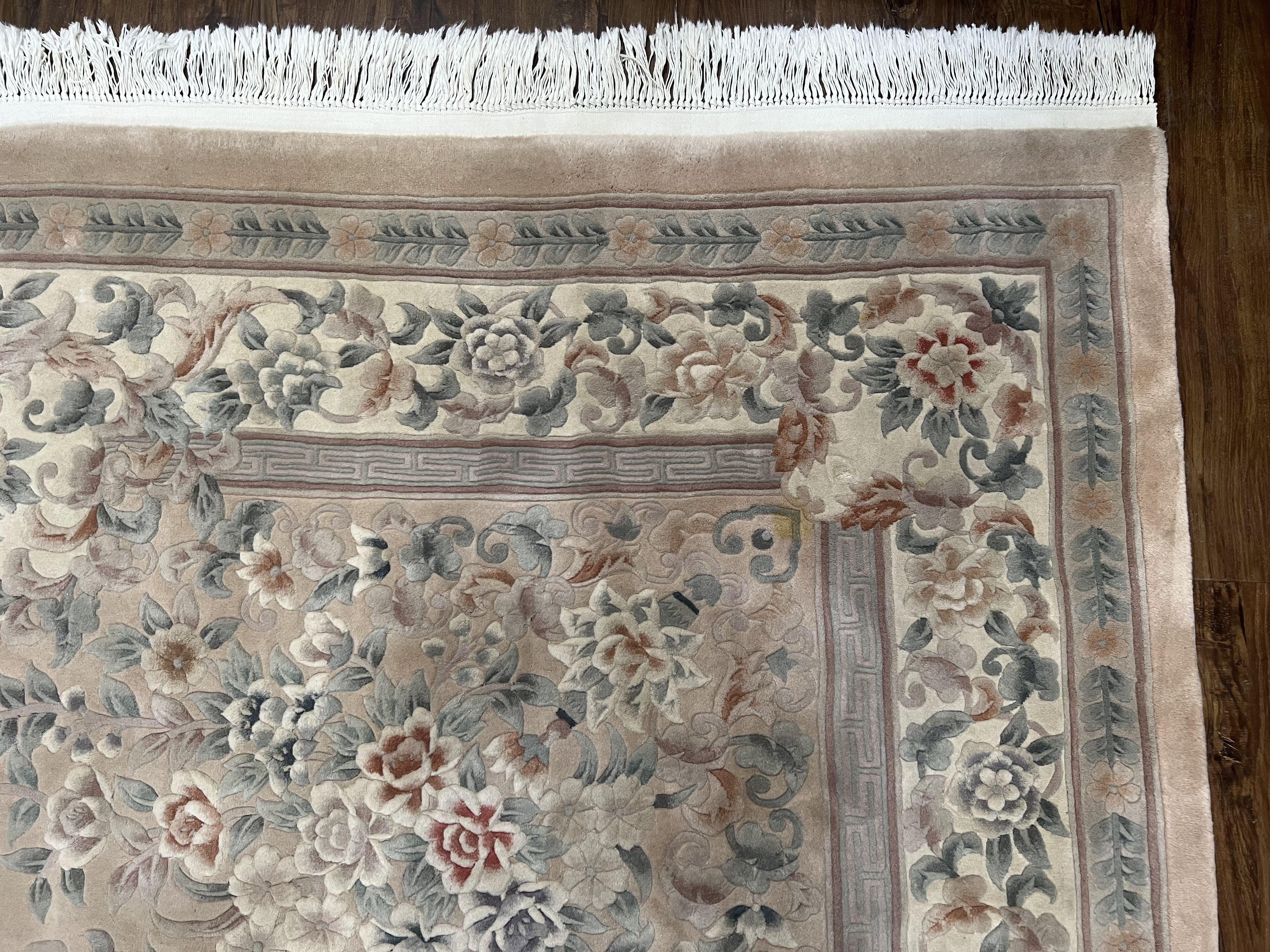 Chinese Carving Rug 8x10 Wool Rug, Vintage Rug 8 x 10, Floral Allover, 120 Line Chinese Carpet, Gray/Silver Teal Ivory/Cream, Art Deco Rug - Jewel Rugs