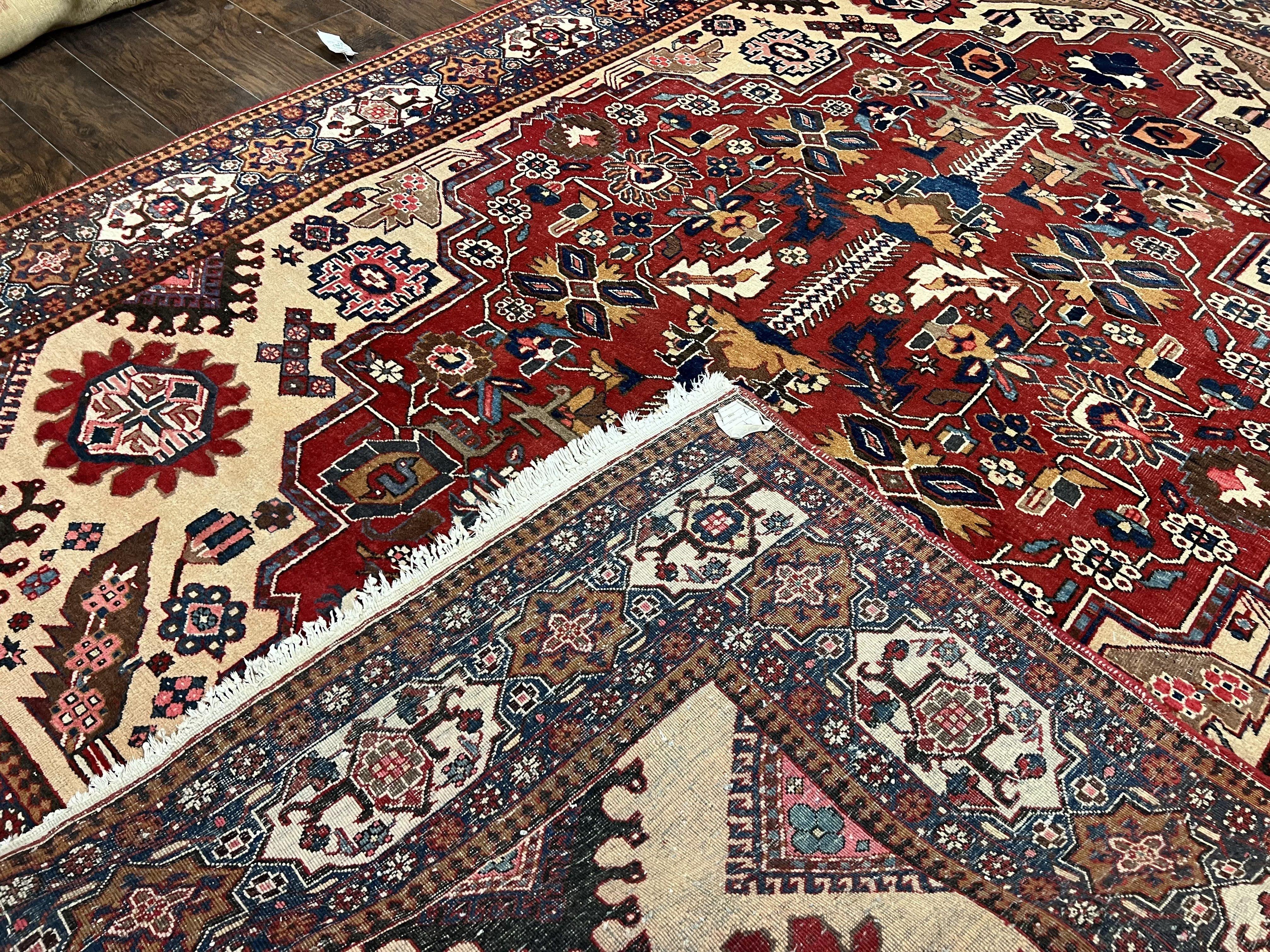 Antique Persian Heriz Rug 8x12 ft, Geometric Tribal Room Sized Carpet, Camel Hair Red Navy Blue, Wool Hand Knotted Medallion Oriental Carpet - Jewel Rugs