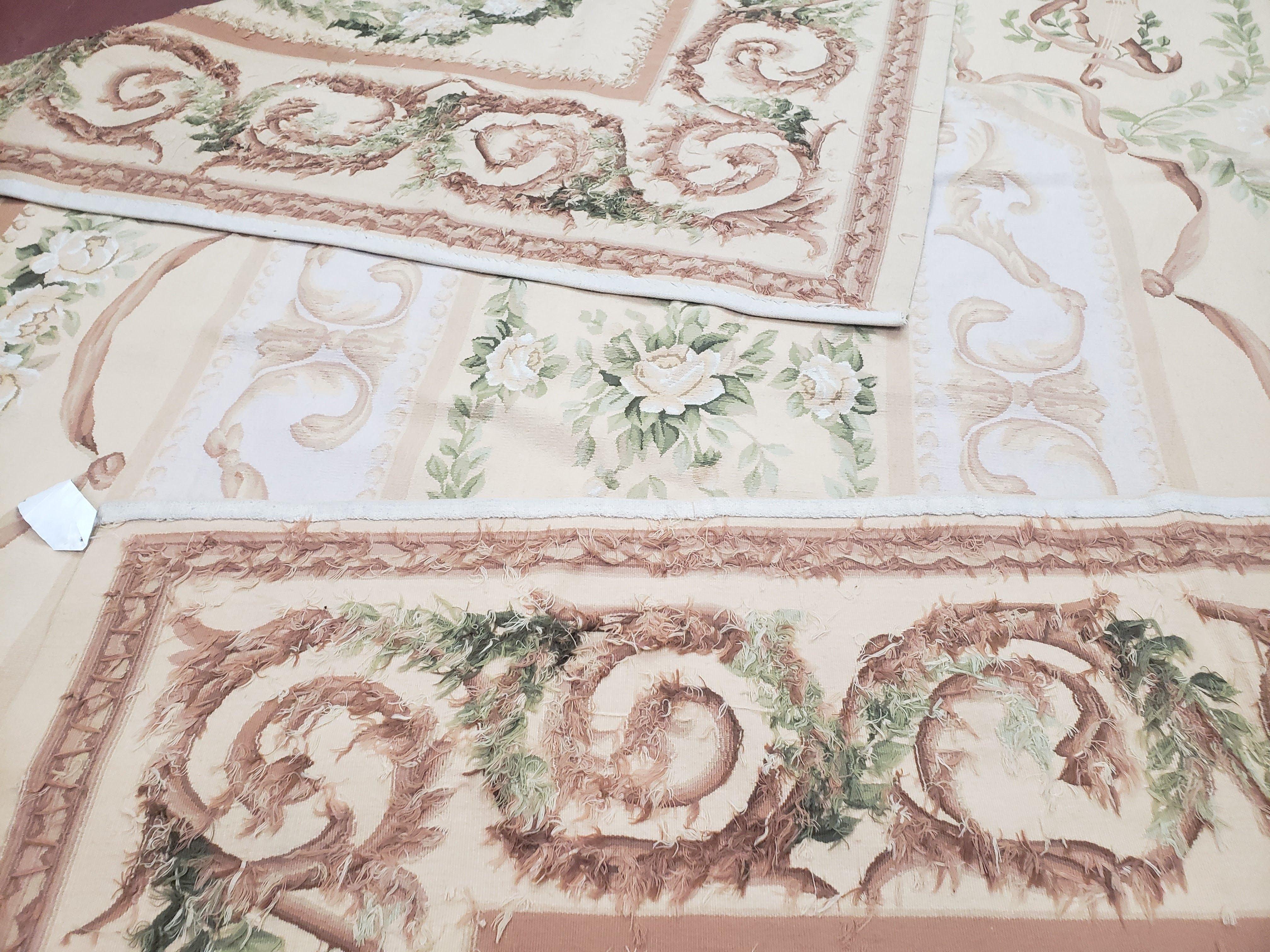 Elegant Aubusson Rug 10 x 14, Cream and Ivory Simple Aubusson Floral Carpet, Hand-Woven, European, New Aubusson Rug, Wool Area Rug, Violins - Jewel Rugs