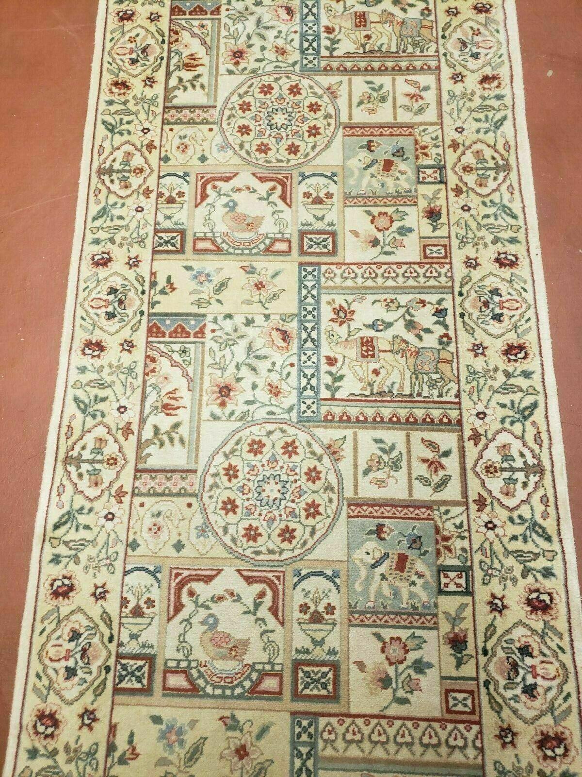 2' 5" X 12' Handmade India Floral Oriental Wool Runner Rug Horse Elephant Animal Pictorial Nice - Jewel Rugs